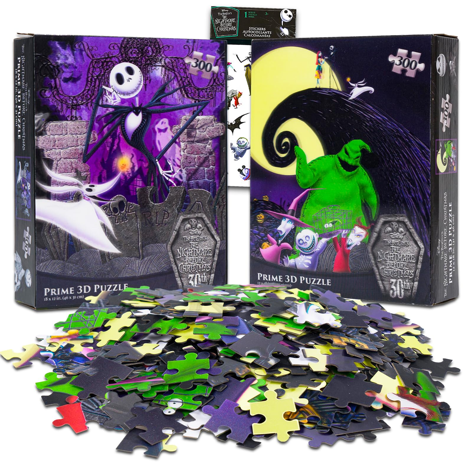 Nightmare Before Christmas Jigsaw Puzzle for Teens Bundle - 2 Pack Jack Skellington Jigsaw Puzzles 300 Piece Each with Stickers | Nightmare Before Christmas Puzzles for Adults