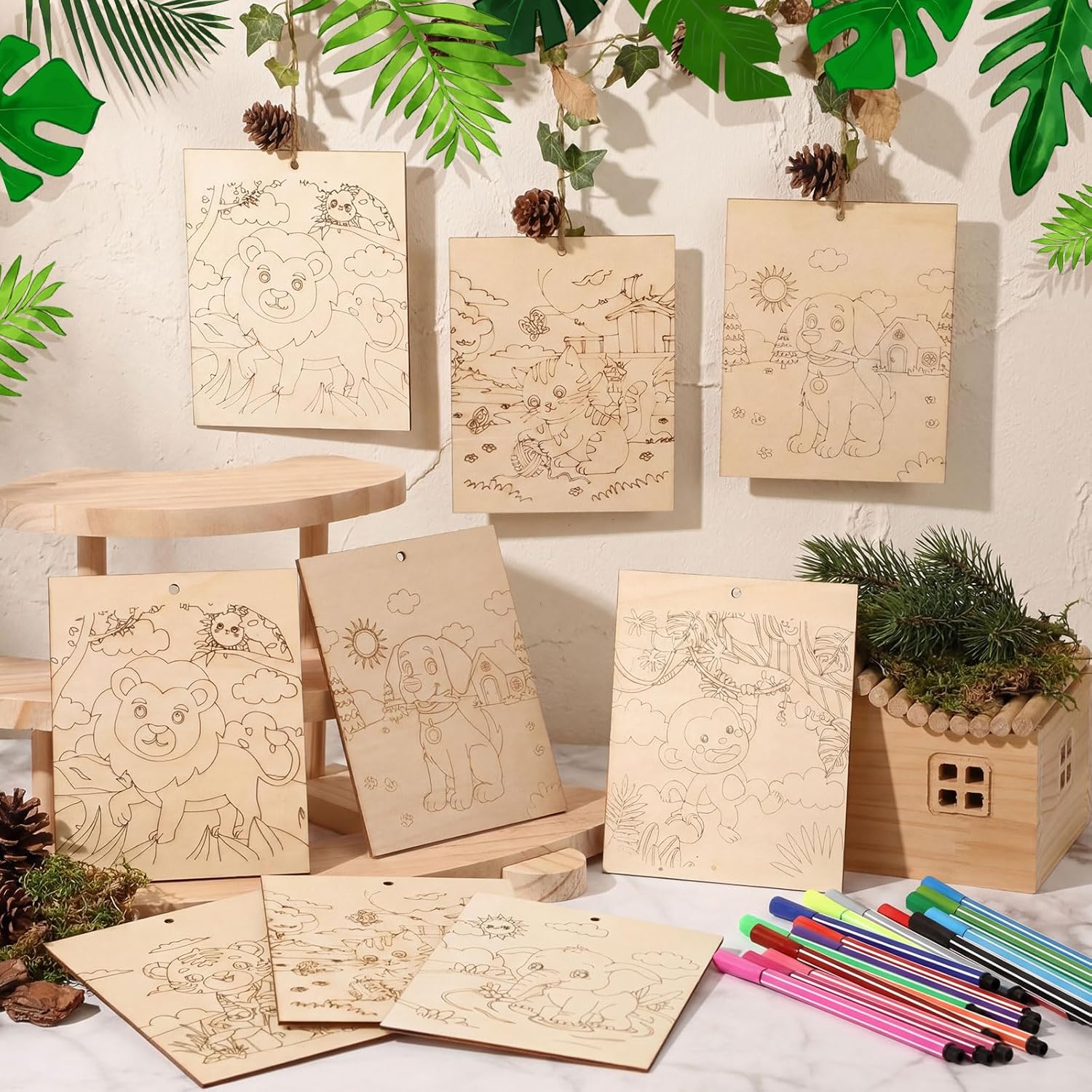 Watersay 60 Pcs Large Painting Gift for Kids 5.9" x 4.7" DIY Craft Kits Unfinished Wood Ornament for Adult, 6 Designs, Pre-drilled Wood Slices with 60 Watercolor Markers & 12" Jute Strings(Animal)