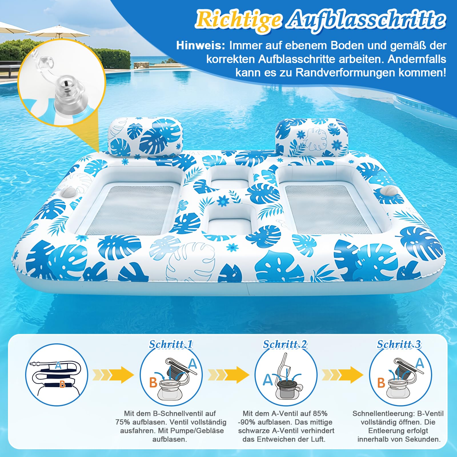 JONRRYIN Luftmatratze Pool, Doppelte Deluxe Luftmatratze Wasser Erwachsene, Groß Solarium Tanning Pool Matratze mit Kissen Praktischem Ablageplatz für Wasser Party Strand Sommerspaß