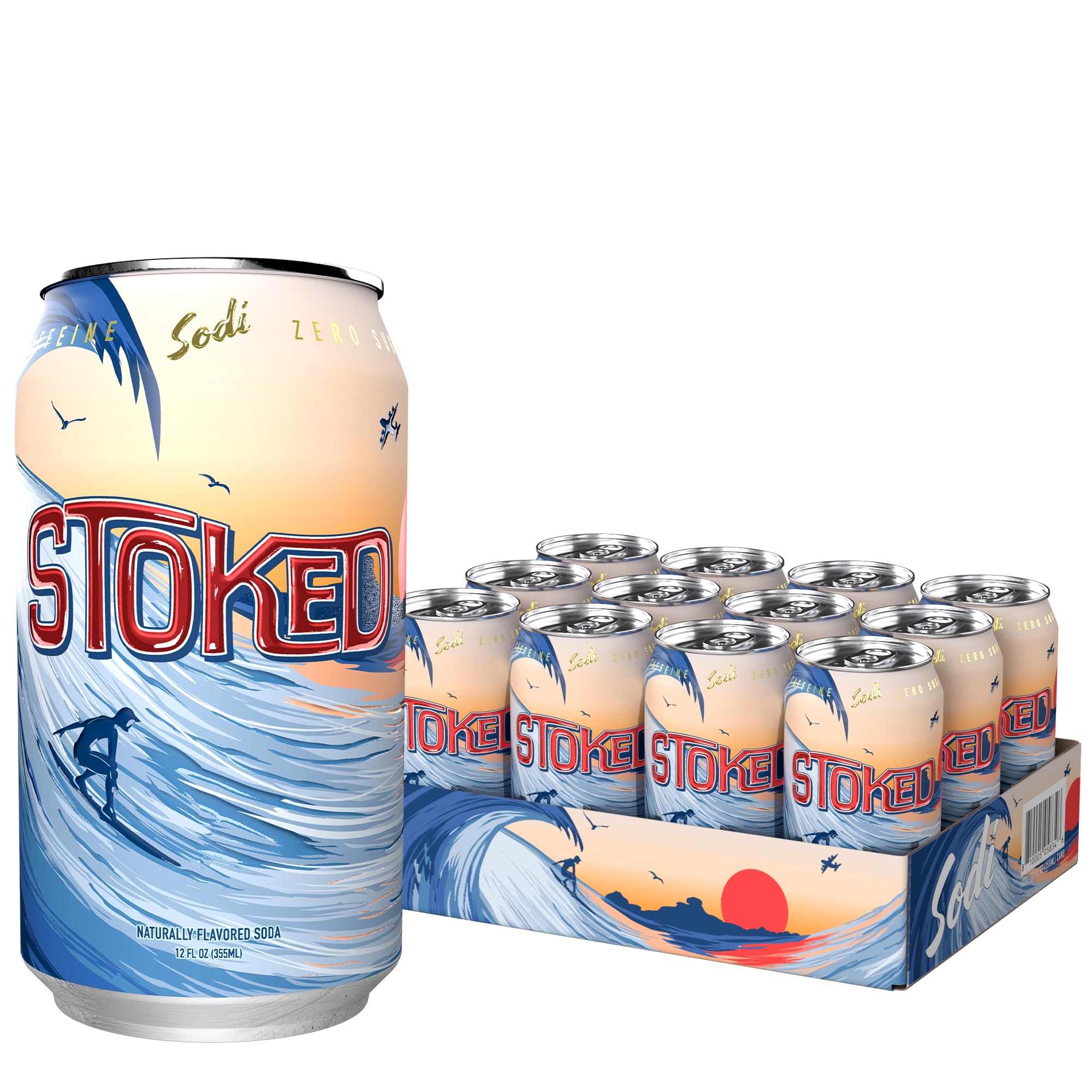 A single Sodi Stoked sparkling soda can, featuring a vibrant blue wave design with a surfer silhouette and 'STOKED' in bold red letters.