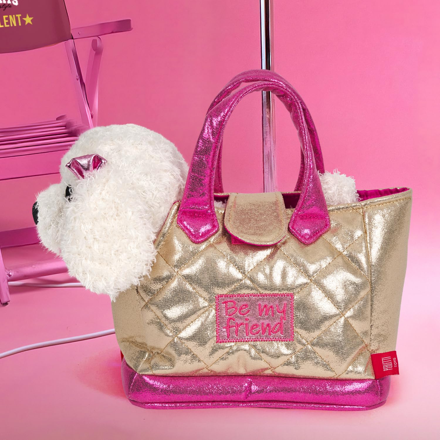 PERLETTI Bolso Niña con Peluche Extraíble - Bolsa Infantil Regalo Niñas 3 4 5 6 Años Suave Ligera Multicolor - Bolso de Mano con Caniche Gato Peluche Guardería Viaje - 30x15x20cm