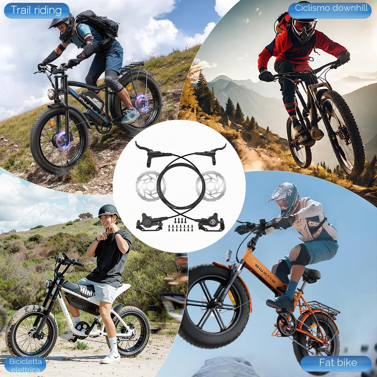 Set di freni a disco idraulici MTB, 2 pistoni anteriori e posteriori, rotore da 160 mm in lega di alluminio, freni idraulici per mountain bike, e-bike e fatbike, nero