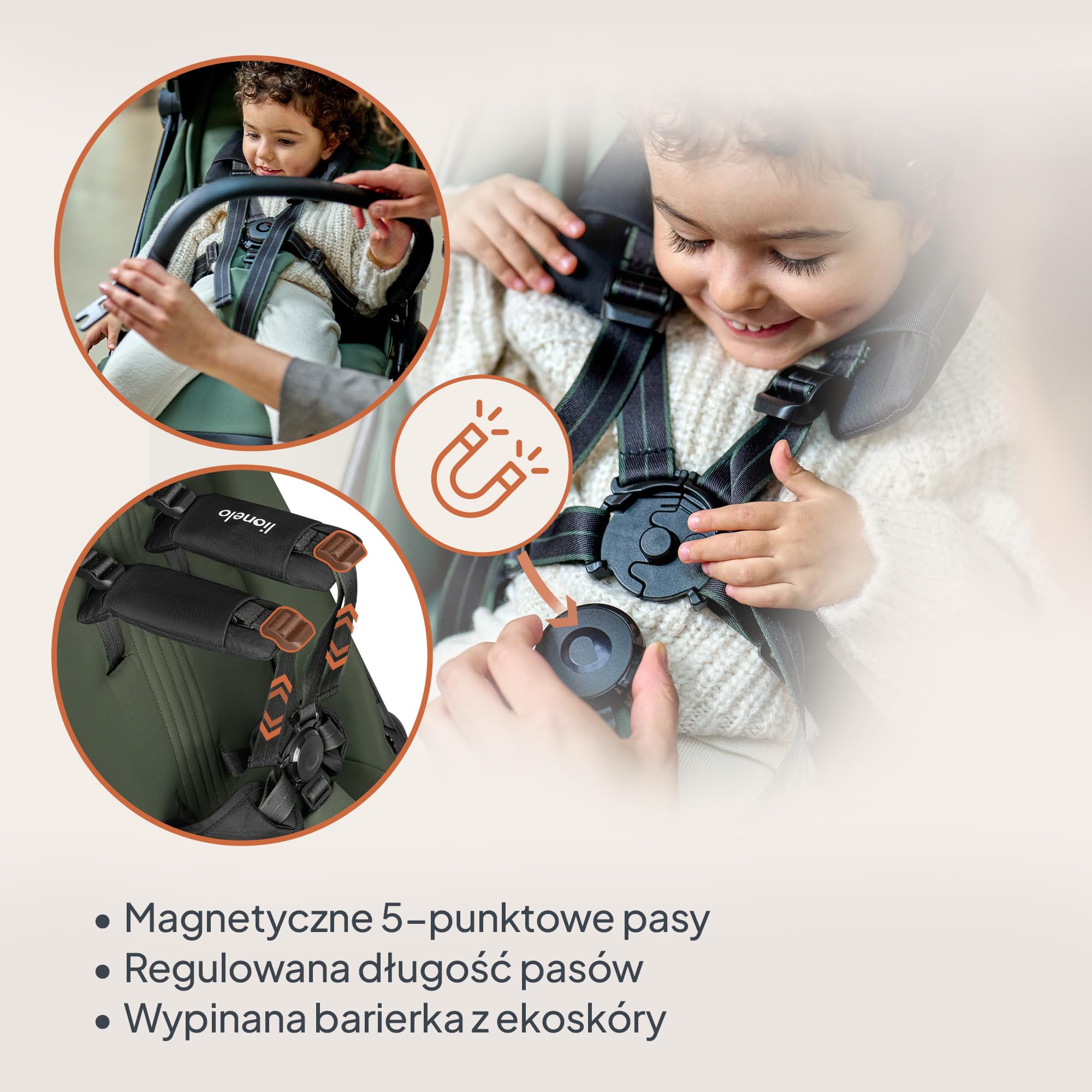 LIONELO Spacerowy Wózek Dziecięcy Bess do 22 kg od 6 m do 4 lat Obrotowe Koła PU 360° Składany Jedną Ręką, Regulacja Oparcia, Wodoodporny Daszek Lekki 7,5 kg, Kosz Zakupowy