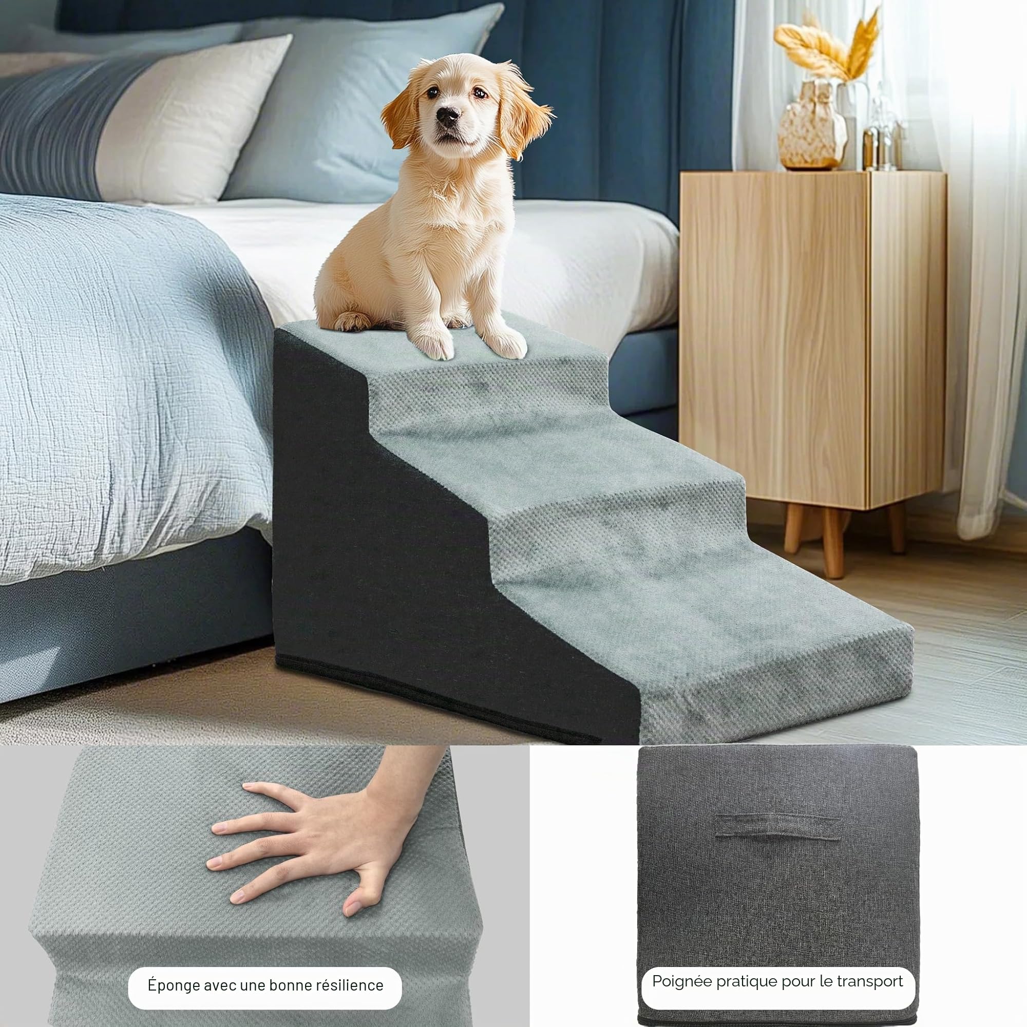 Escaliers pour Chiens à 3 Marches en Éponge Haute Densité, Rampe pour Chien et Chat Antidérapant avec Housse Amovible - Échelle Large pour Animaux de Compagnie Agés 39x65x39.5cm