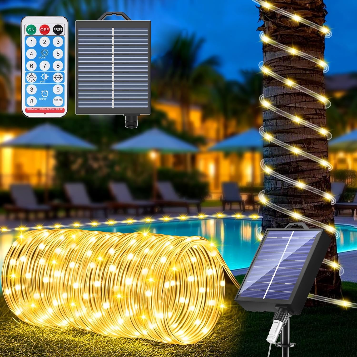 Kousee Outdoor Solar LED Rope Lights, IP65 Waterproof Rope Light 72.2ft 200LEDs Solar Decoration Lights with 8 Lighting Modes