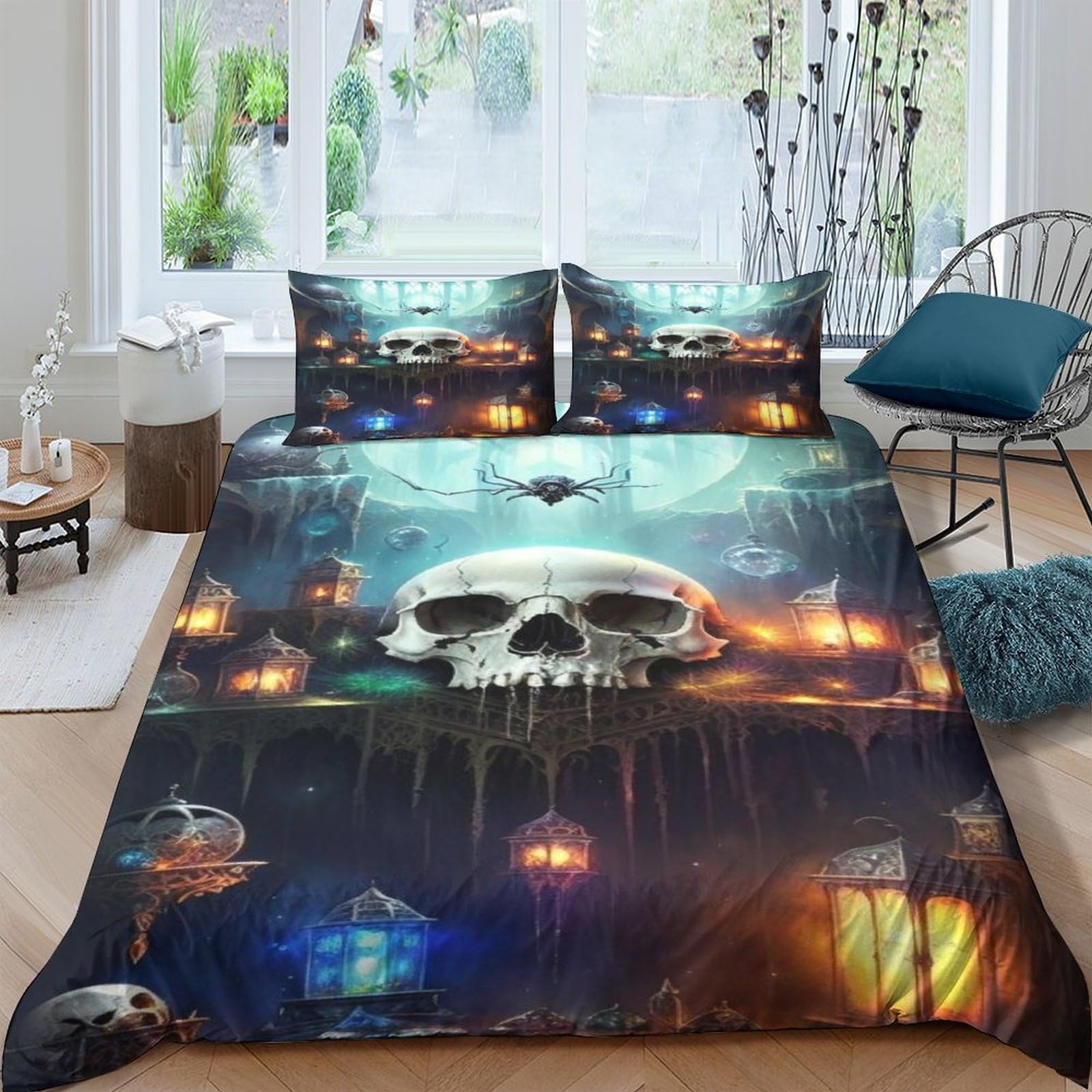 Parure de lit crâne gothique King 220x240 en microfibre avec housse de couette et taies
