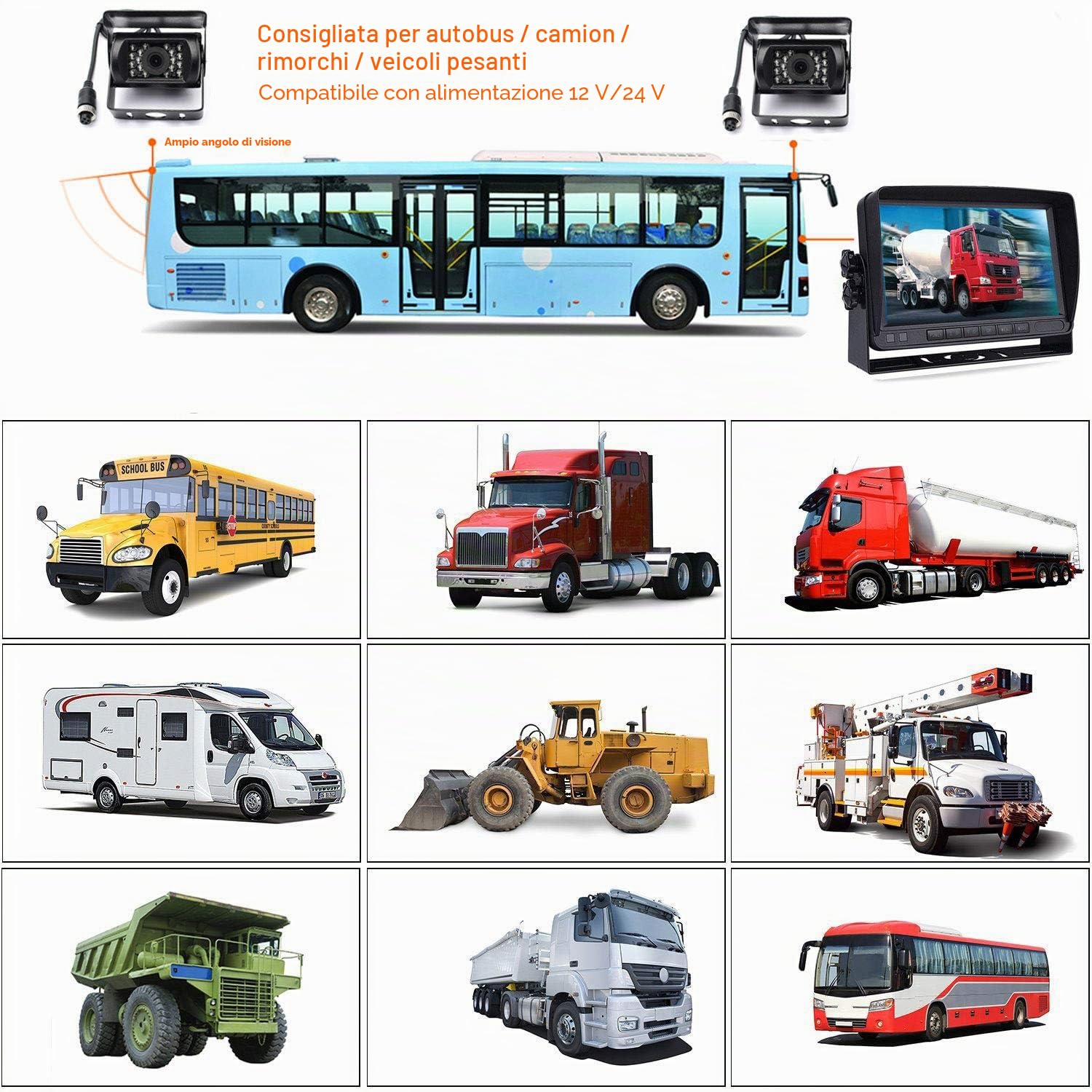 Sistema di monitoraggio della telecamera di backup del veicolo, 7 pollici TFT LCD Monitor +2x 18LEDs Impermeabile Visione Notturna Telecamera per retromarcia per bus/camion/rimorchio/roulotte/camper