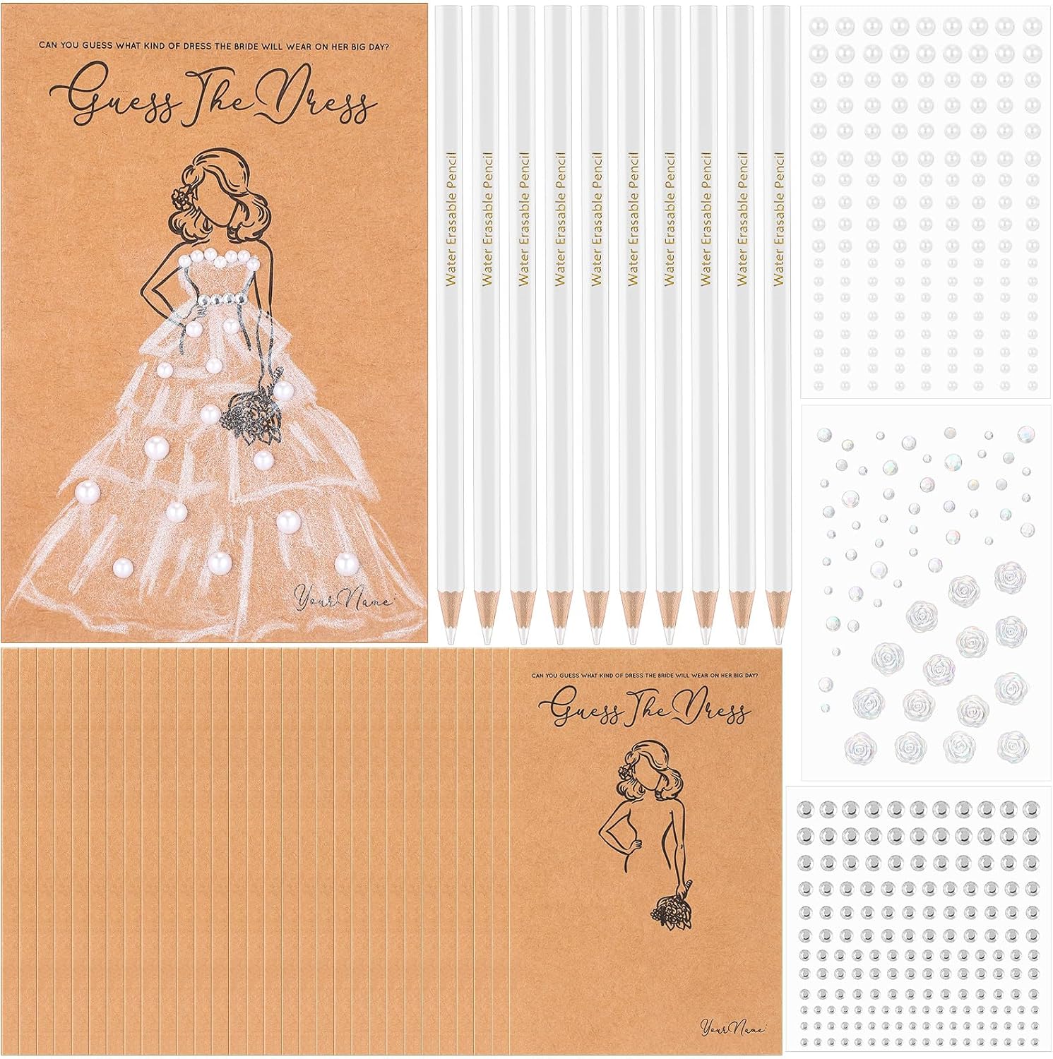 Sinload 30 Sets Guess the Dress Bridal Shower Games for Guests Include 30 Wedding Shower Games Cards 30 Water Soluble Pencils with Rose Pearl Gem Stickers Fun Wedding Party Favor Supplies