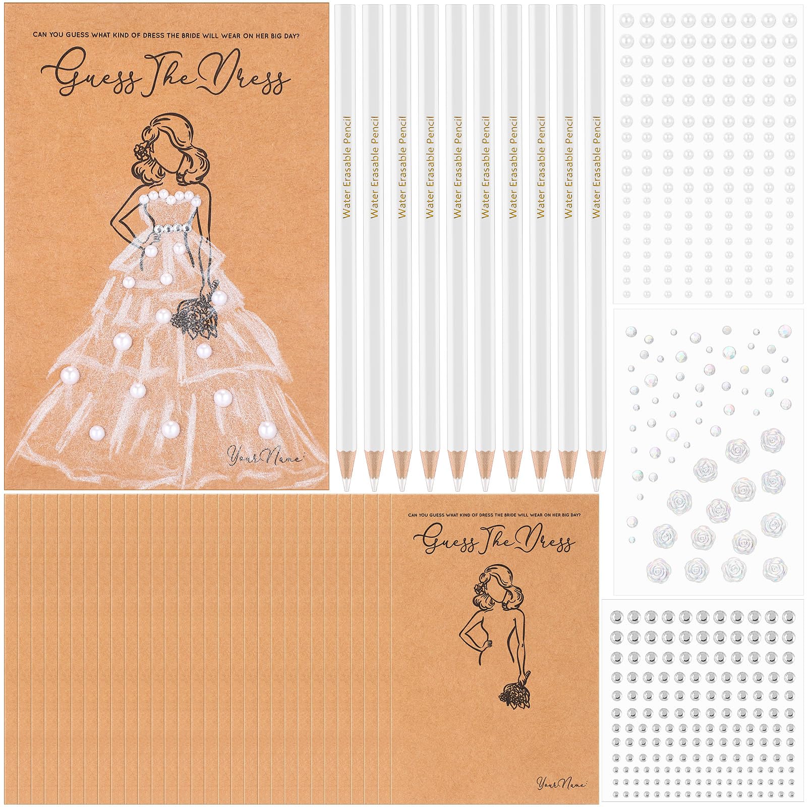 Sinload 30 Sets Guess the Dress Bridal Shower Games for Guests Include 30 Wedding Shower Games Cards 30 Water Soluble Pencils with Rose Pearl Gem