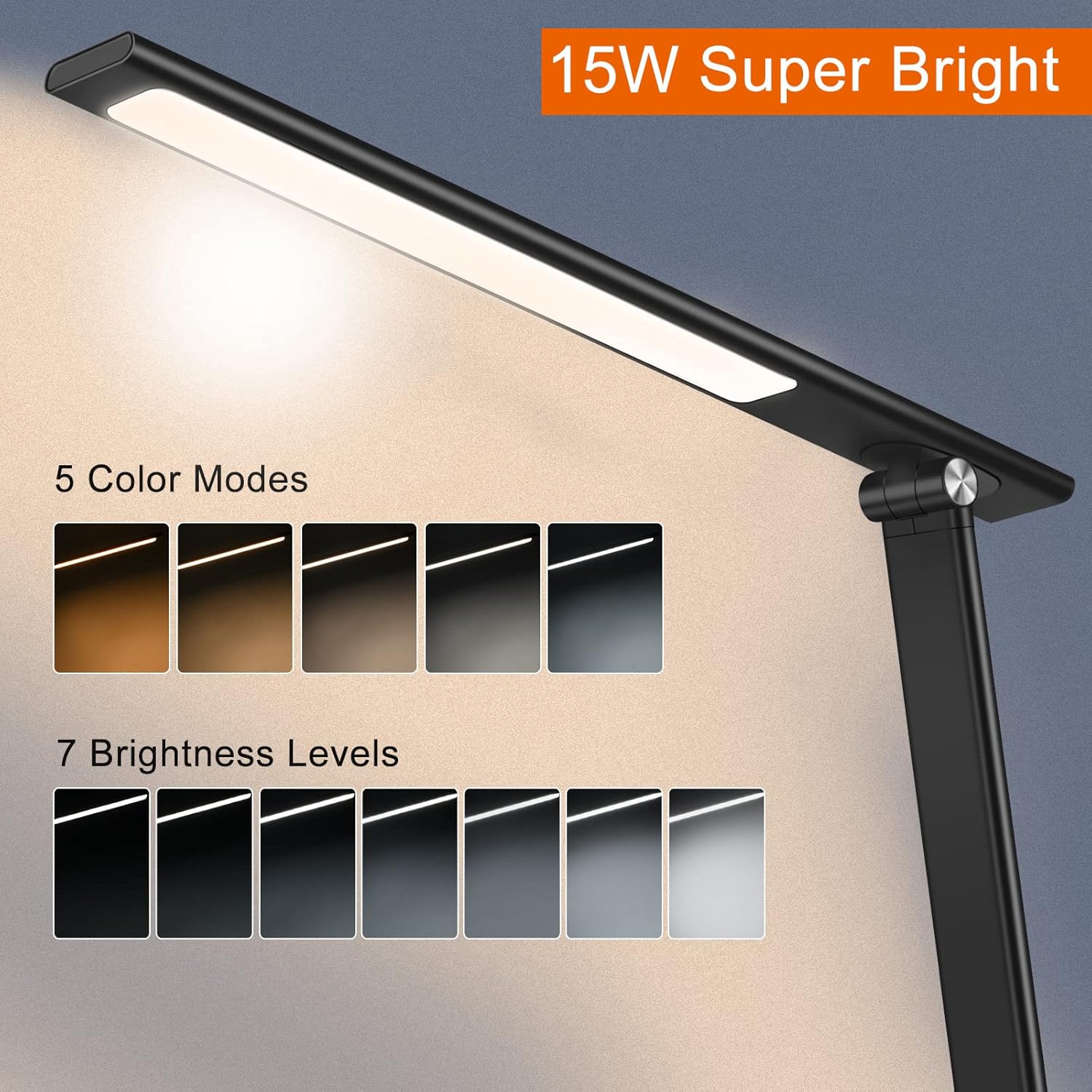 AFROG Desk Lamp showing 5 color modes and 7 brightness levels.