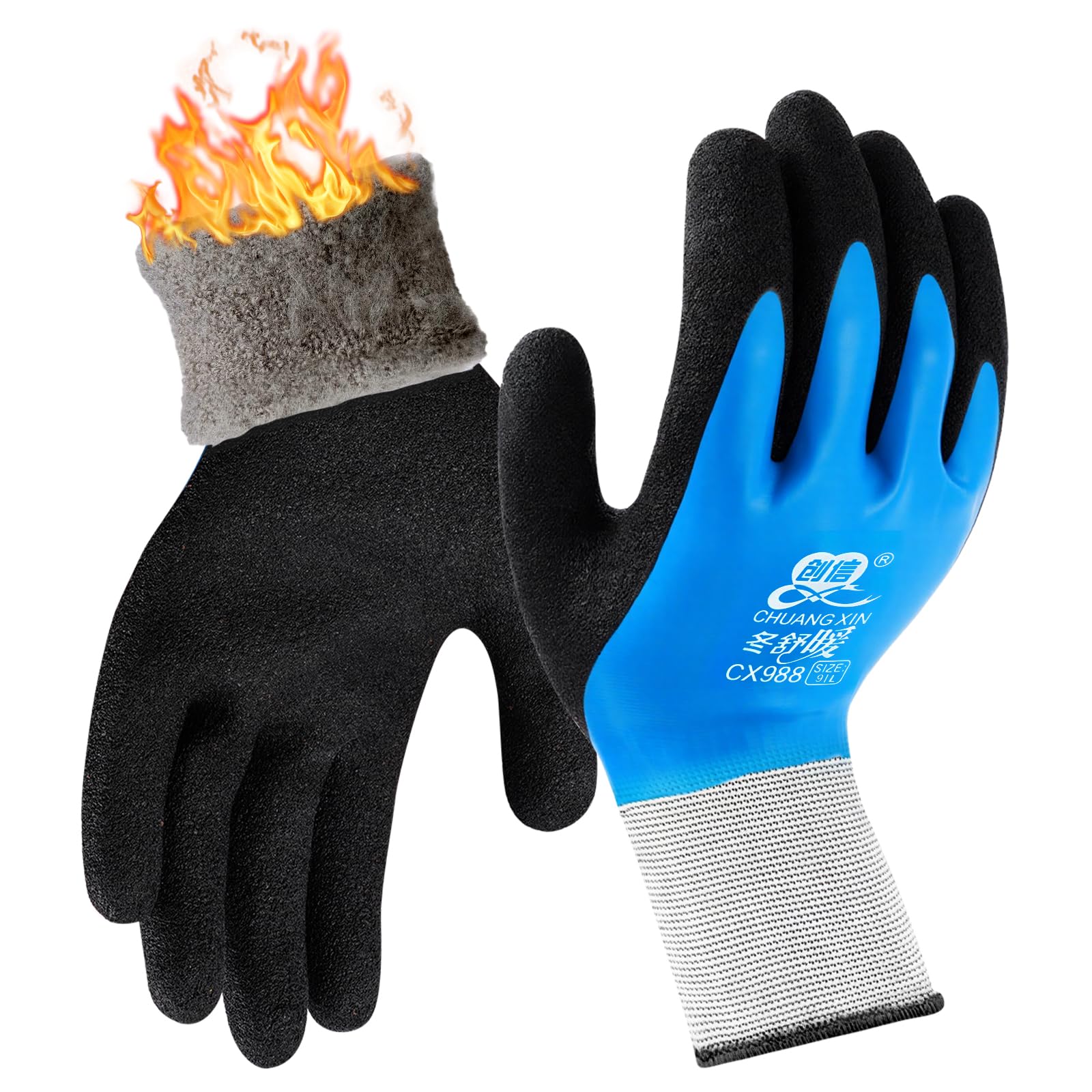 flintronic Winter Work Gloves, Thermal Fleece Liner, 1 Pairs Ultra-Grip Work Gloves Non-Slip Latex Coated Versatile for Cold Weather Gardening, Car Washing, Fishing, Cleaning, Outdoor Tasks, Blue, L