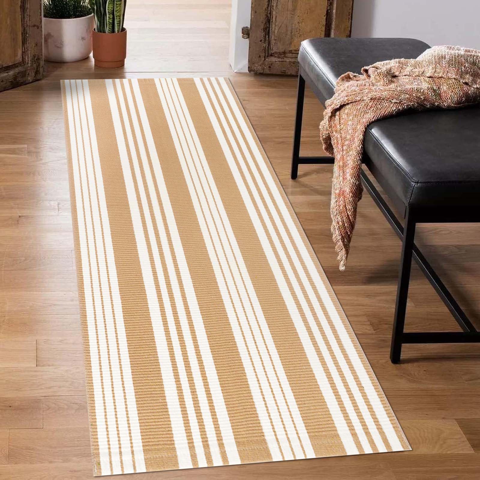 Khaki and White Runner Rug 2x6ft Front Porch Rug Machine Washable Indoor Outdoor Doormat for Front Porch Hand-Woven Entryway Rug for Laundry/Bathroom/Bedroom