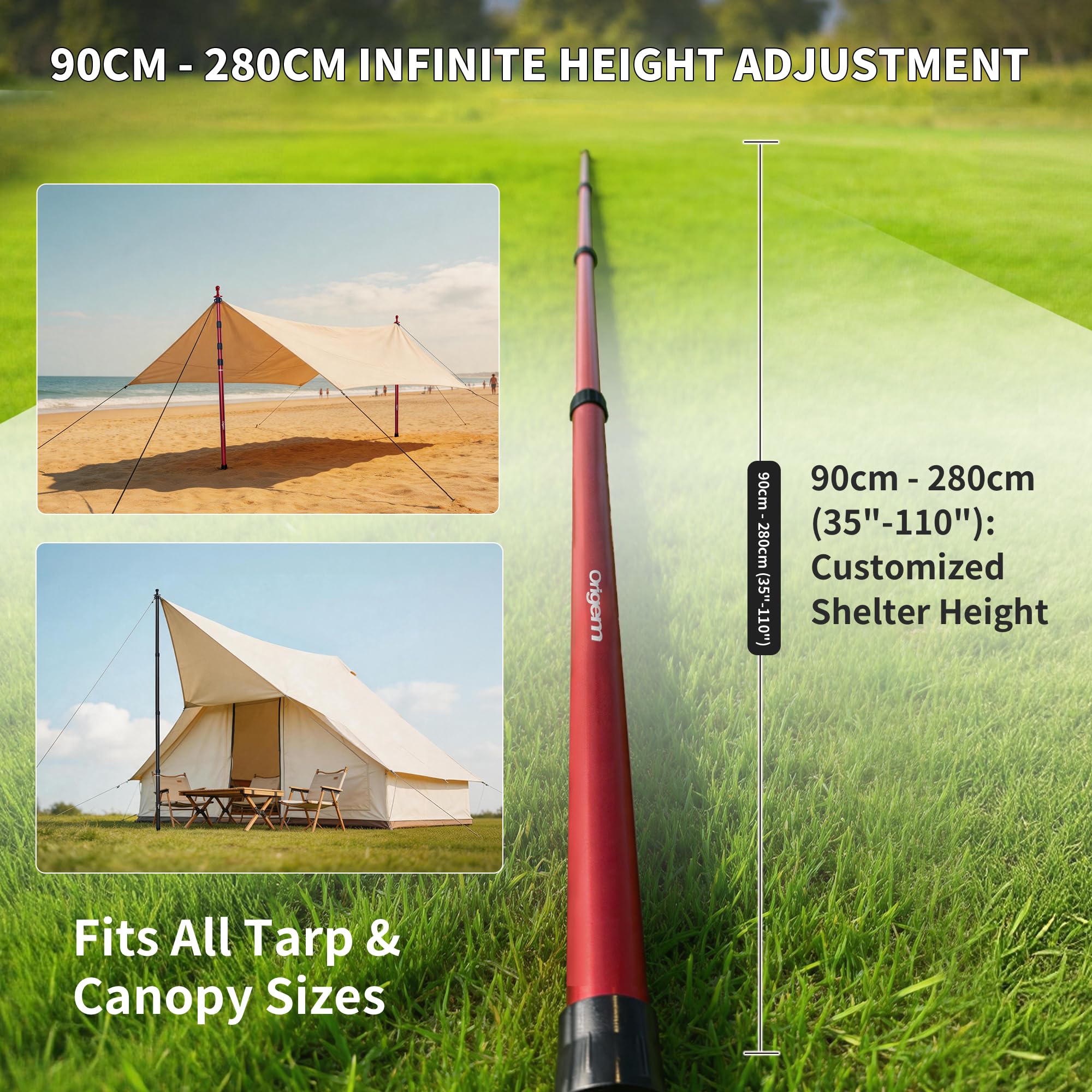 Origem Kijki do Namiotu Zestaw 2, 90-280cm Regulowane Teleskopowe Słupki Wymienne Słupki Kempingowe, Aluminium lotnicze 6061, Średnica 32 mm, Wytrzymałe Słupki na Plażę, na Zewnątrz i do Ogrodu