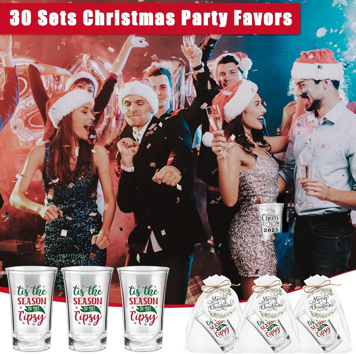 Roshtia 30 Sets Christmas Party Favors Acrylic Xmas Shot Glasses 1.2 oz Tis the Season to Get Tipsy Shot Glasses with Merry Christmas Tags Gift Bags Xmas Party Supplies for Friends Guests
