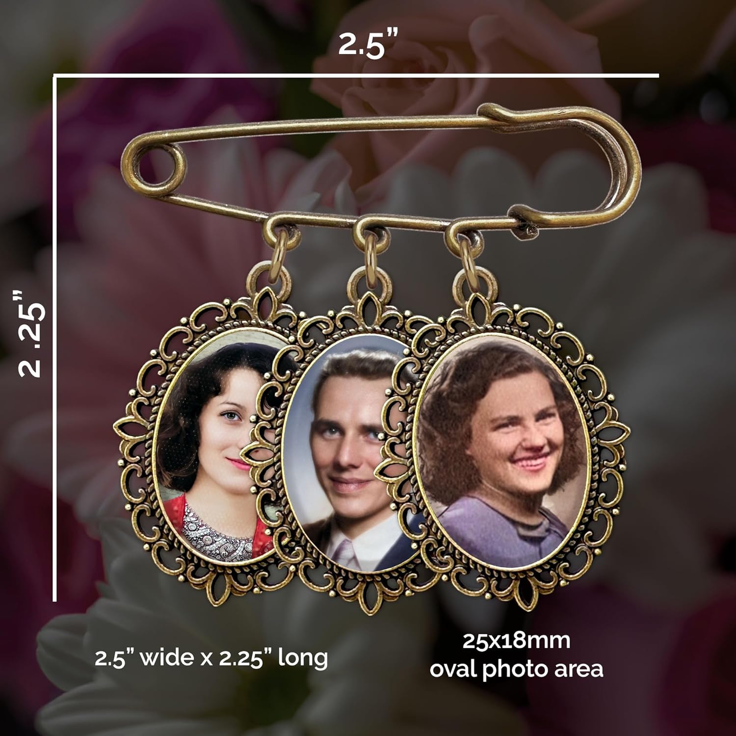 Wedding Boutonniere or Bouquet Photo Charm Bronze Gold Pin Holds 3 Pictures For Lapel or Bride's Flowers Mother of the Bride Groom with Photo Resizer - Image 4