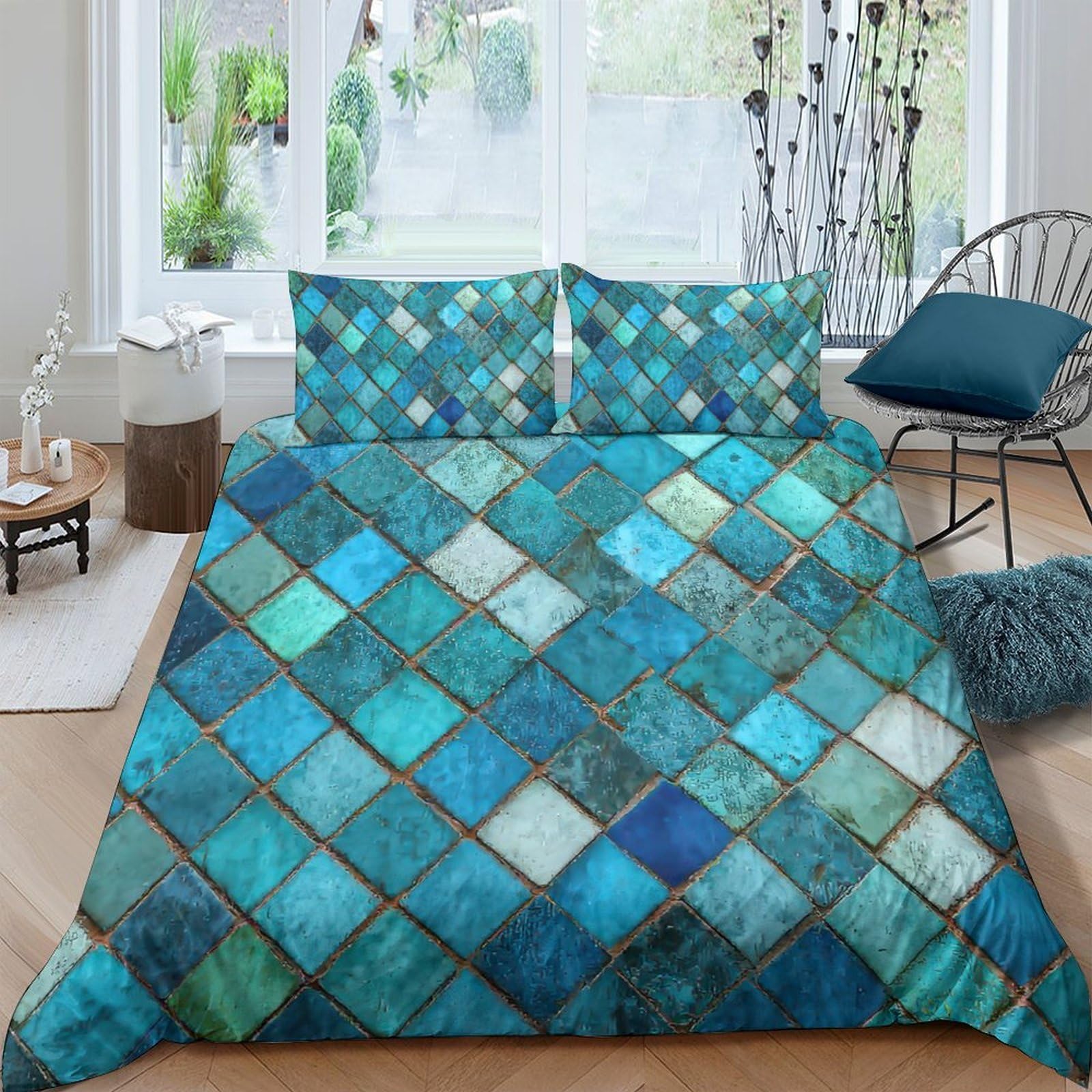 Ctjqhvkz Style-6 3D Printed Mosaic Tile Pattern Fitted Sheet Microfiber Soft Turquoise Blue Patchwork Bed Cover For Bedroom Dorm Decor Single（135X200cm）