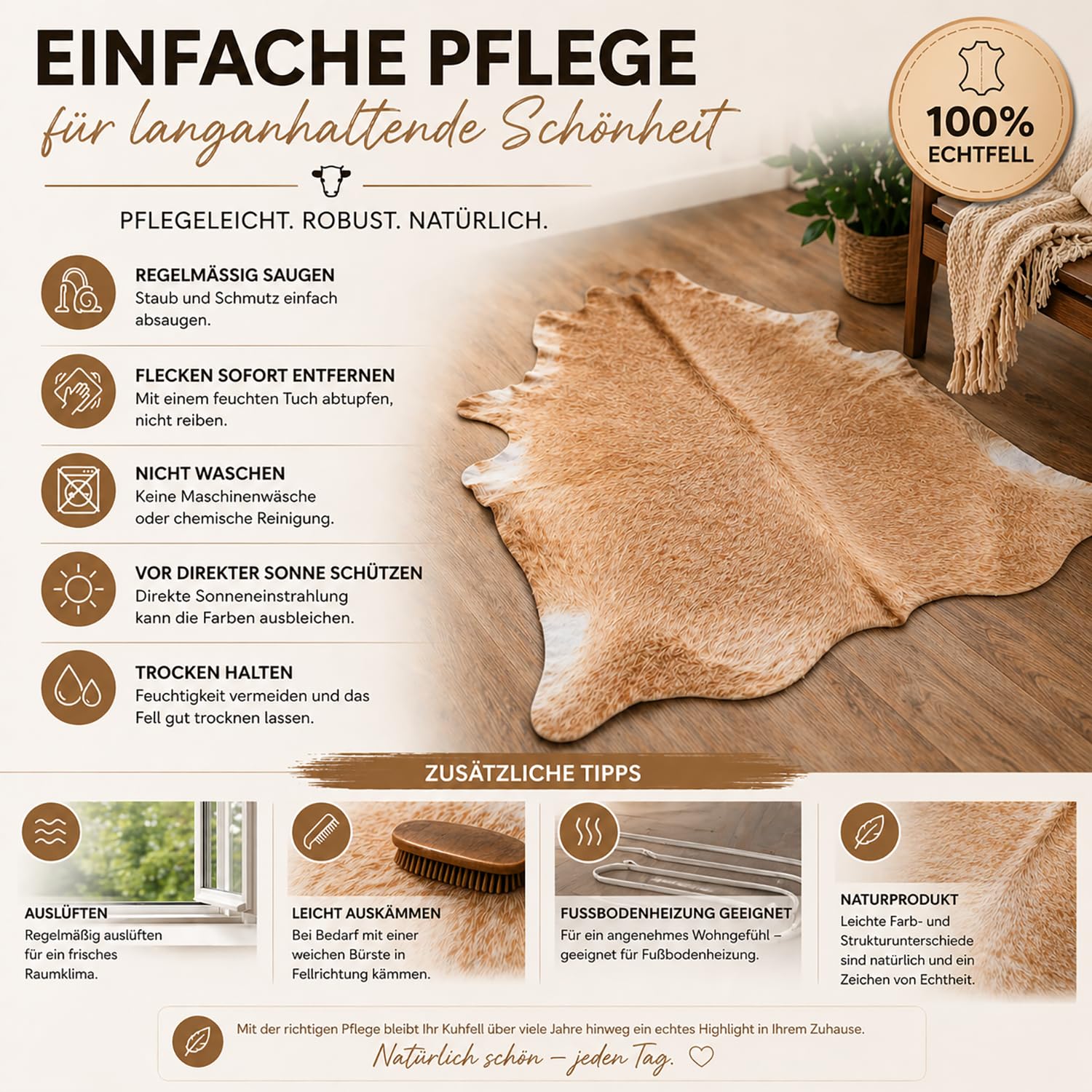 Tapis en Peau de Vache de qualité supérieure - Beige - Produit Naturel Unique en provenance d'Amérique du Sud - Peau de Vache véritable