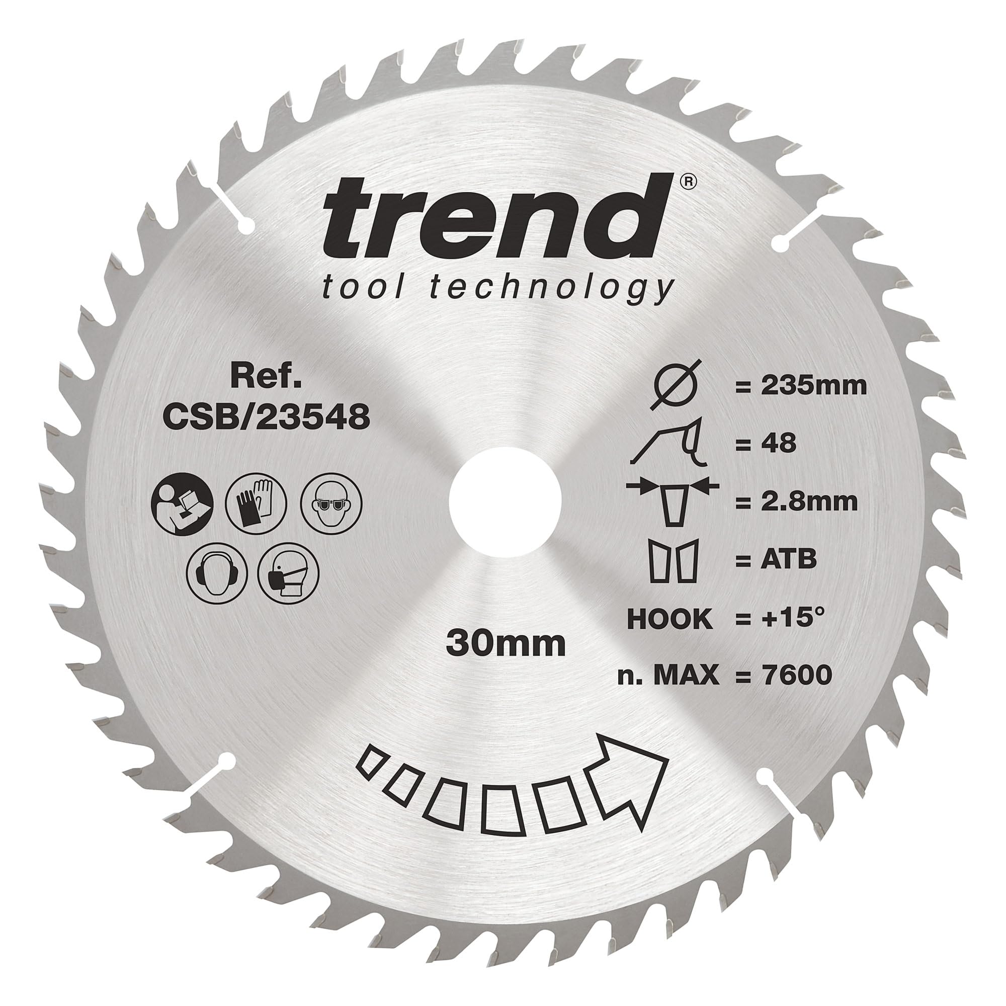 Trend Wood Circular Saw Blade, 235mm Diameter, 30mm Bore, 48 Teeth, 2.8mm Kerf, +15° Hook, TCT, Fine Finish, CSB/23548