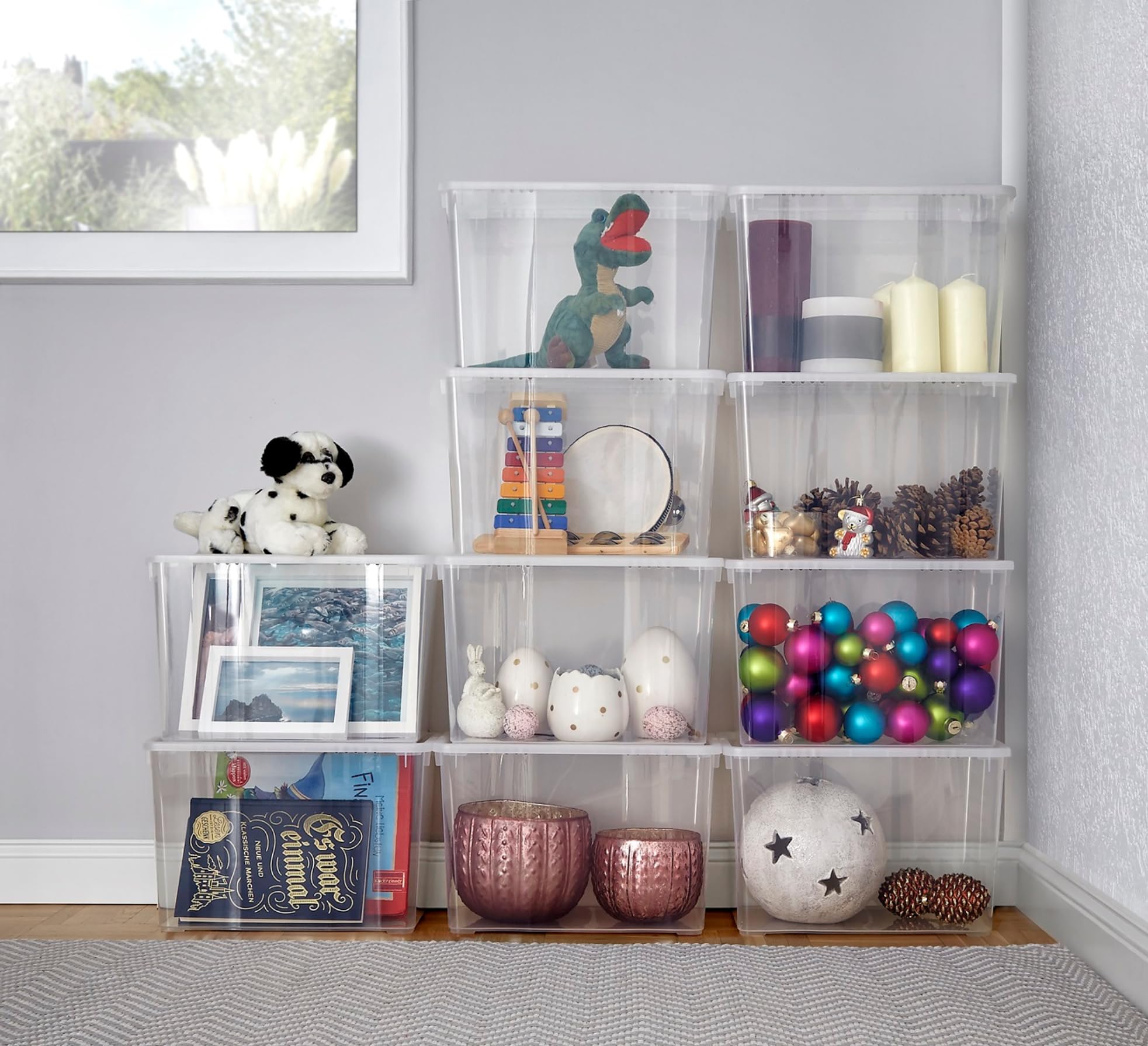 10er-Set Aufbewahrungsboxen 20L, Klarsichtbox mit Deckel und Belüftungsschlitzen, stapelbare Kunststoffboxen, Ordnungsboxen für Kleidung, Schuhe, Spielzeug, Bücher, Deko und Haushalt