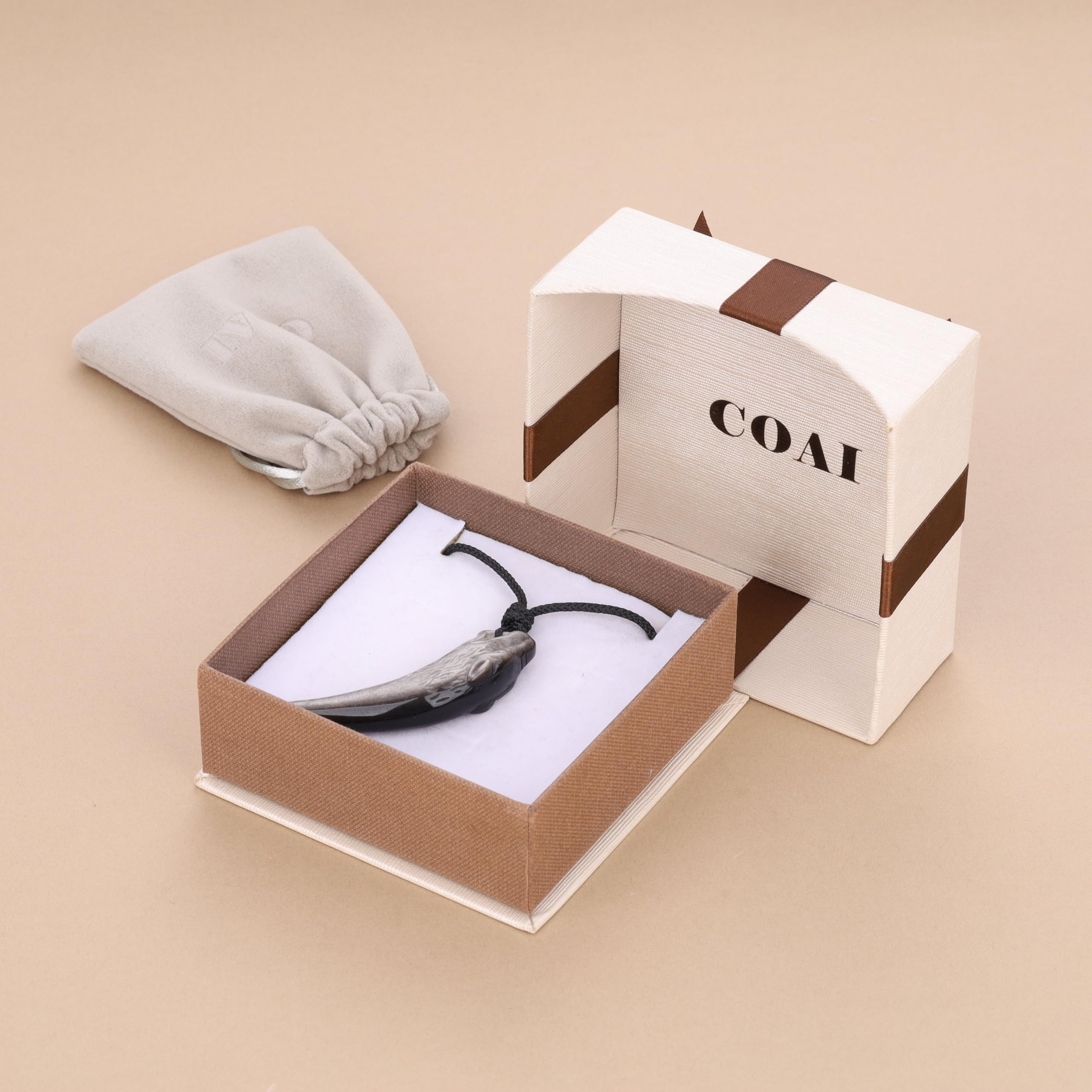 COAI Pendente Dente di Lupo Intarsiato in Ossidiana, Collana Pendente Unisex con Laccio Regolabile
