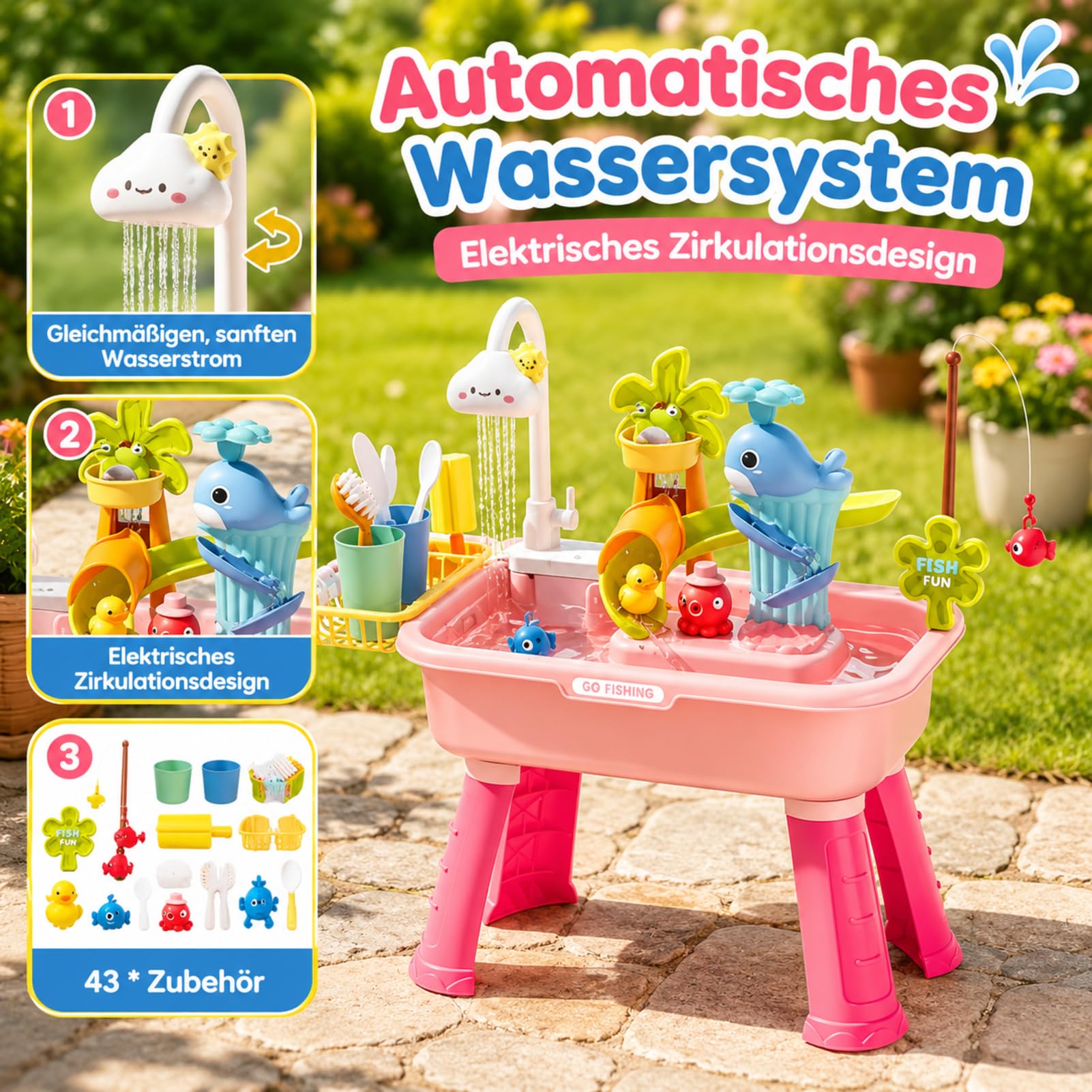4-in-1 Spielspüle - Wassertisch Mit Pumpe Und Fließendem Wasser | Sand Und Wasser Spielzeug | Angelspiel Vergnügen | Für Kinder 4-8 Jahre Garten Terrasse Badezimmer