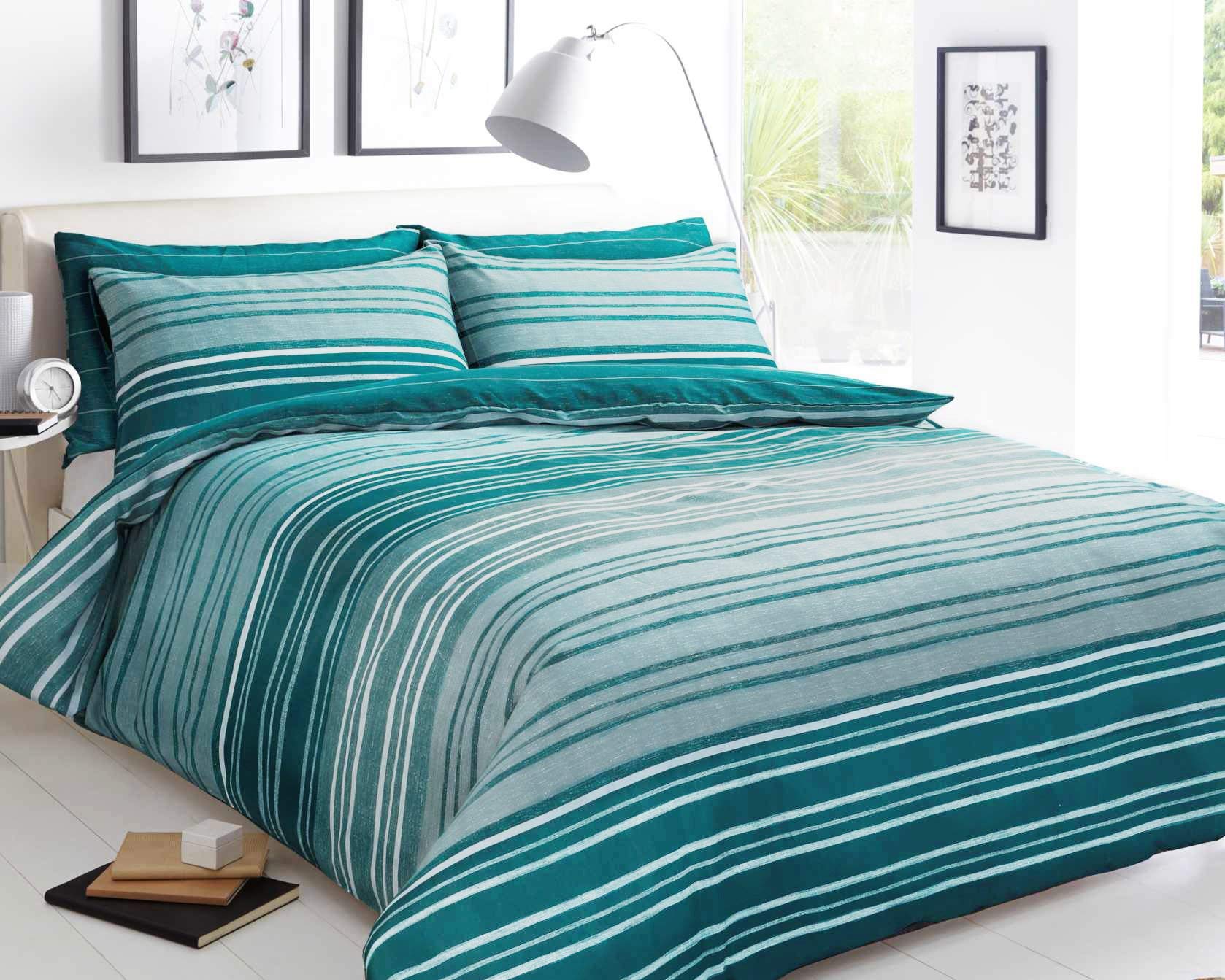 Sleepdown Textured Stripe Teal Duvet Cover & Pillowcase Set Bedding Quilt Case - King