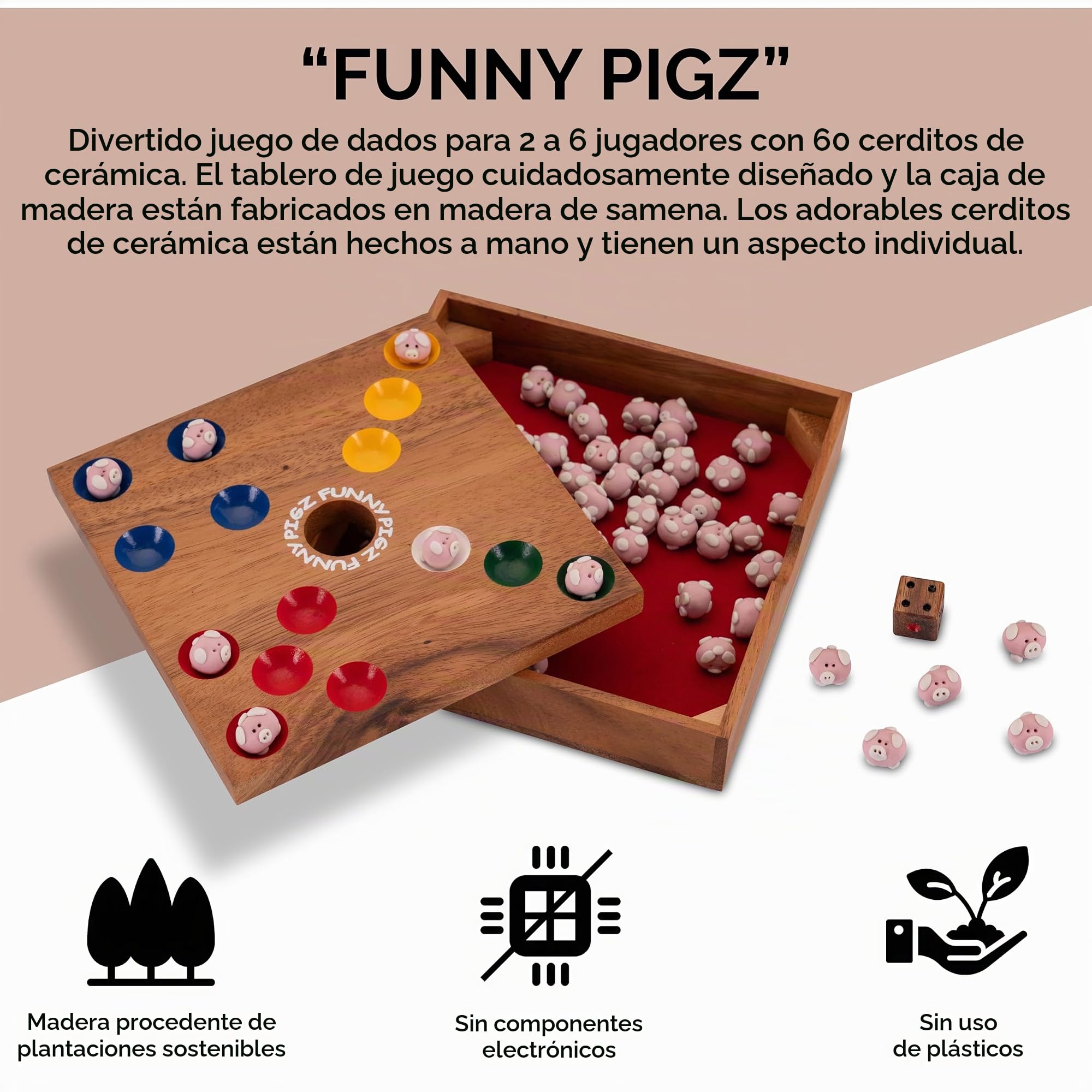LOGOPLAY Original Funny Pigz - Big Hole - Juego de Dados - Juego de Mesa - Juego de Mesa de Madera Marrón