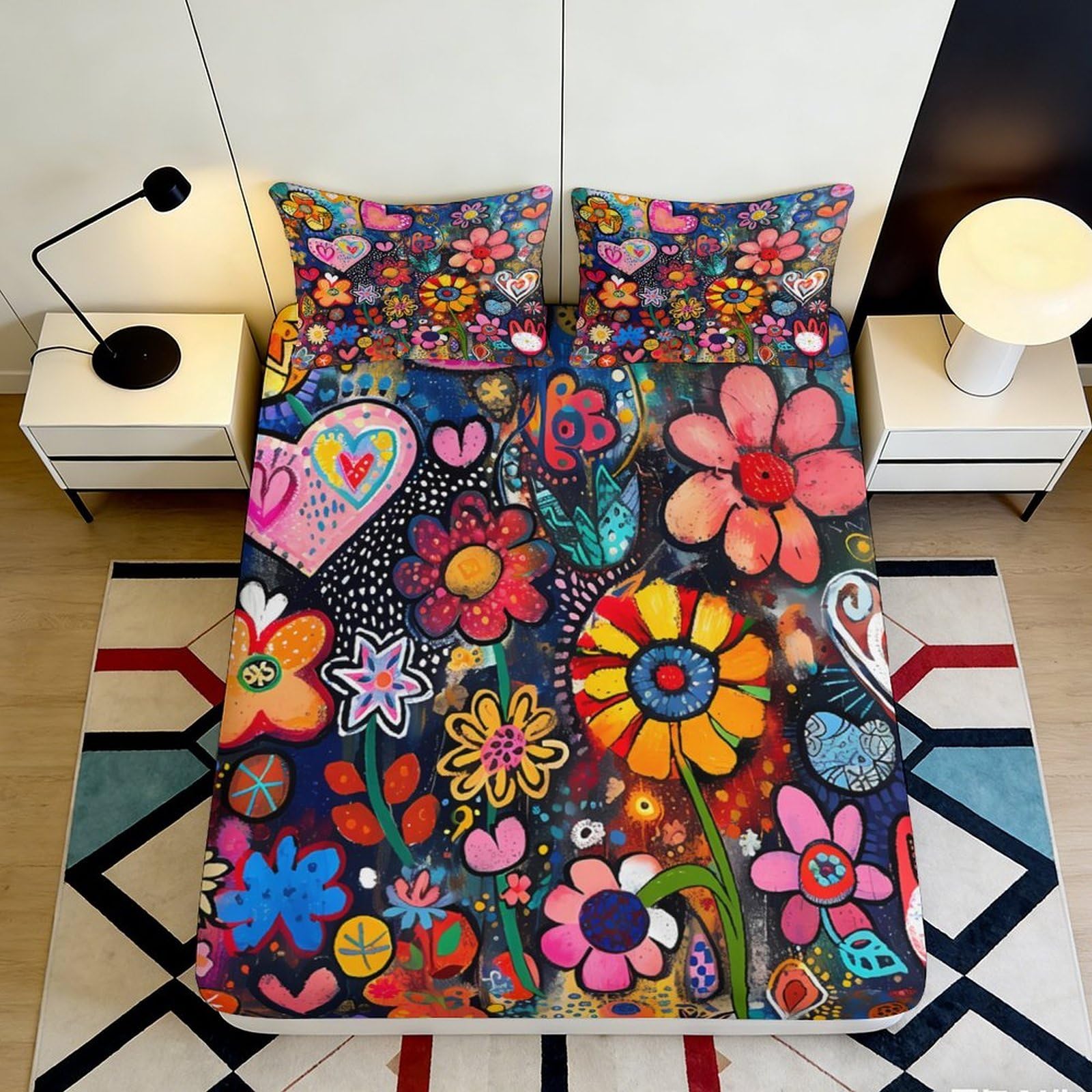 3D Printed Colorful Floral Fitted Sheet Microfiber Soft Breathable Graffiti Heart Bed Cover Non Slip Machine Washable for Bedroom Guest Room 180x200x25cm