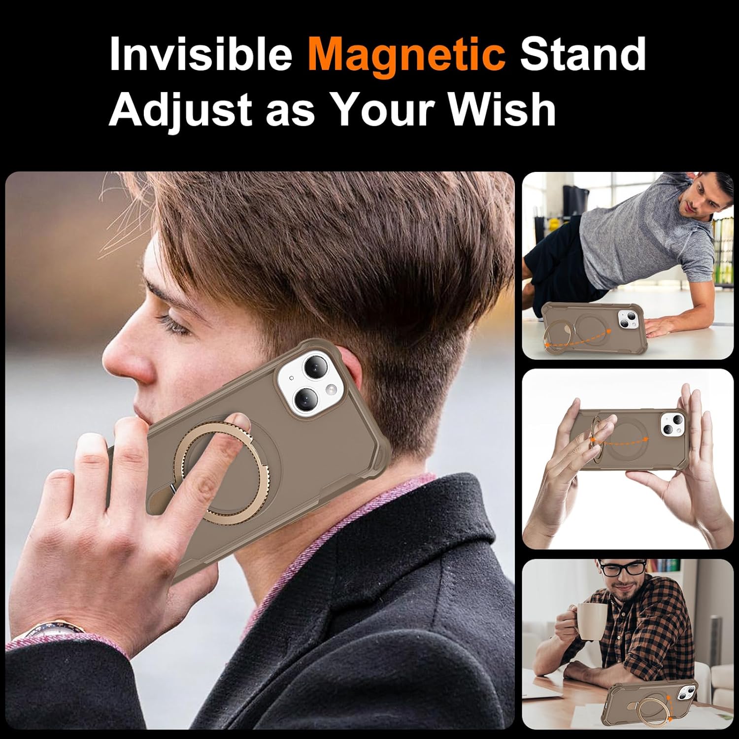 Compatible with iPhone 13 Case & iPhone 14 Case with Invisible Magnetic Ring Stand [Compatible with Magnetic] [Military Drop Protection] Shockproof Slim Hard Back Soft Edge 6.1 Inch, Khaki - Image 8