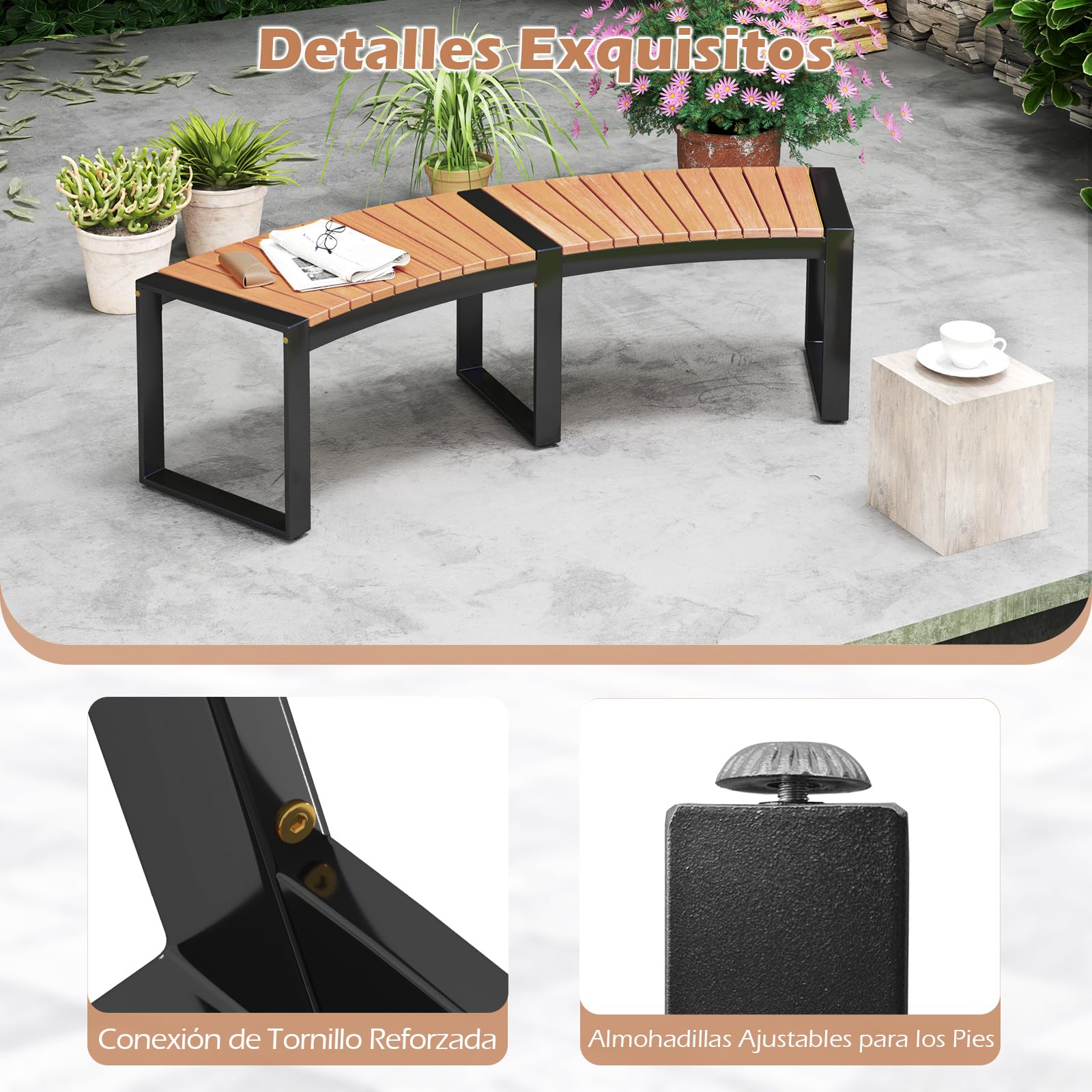 COSTWAY 2/4 Banco Jardin Exterior de Madera Acacia, Banco Exterior de 2 Plazas, Curvado, Sin Respaldo, Patas Metálicas, Carga 360 kg, 146 x 58 x 45 cm (2 plazas,2)