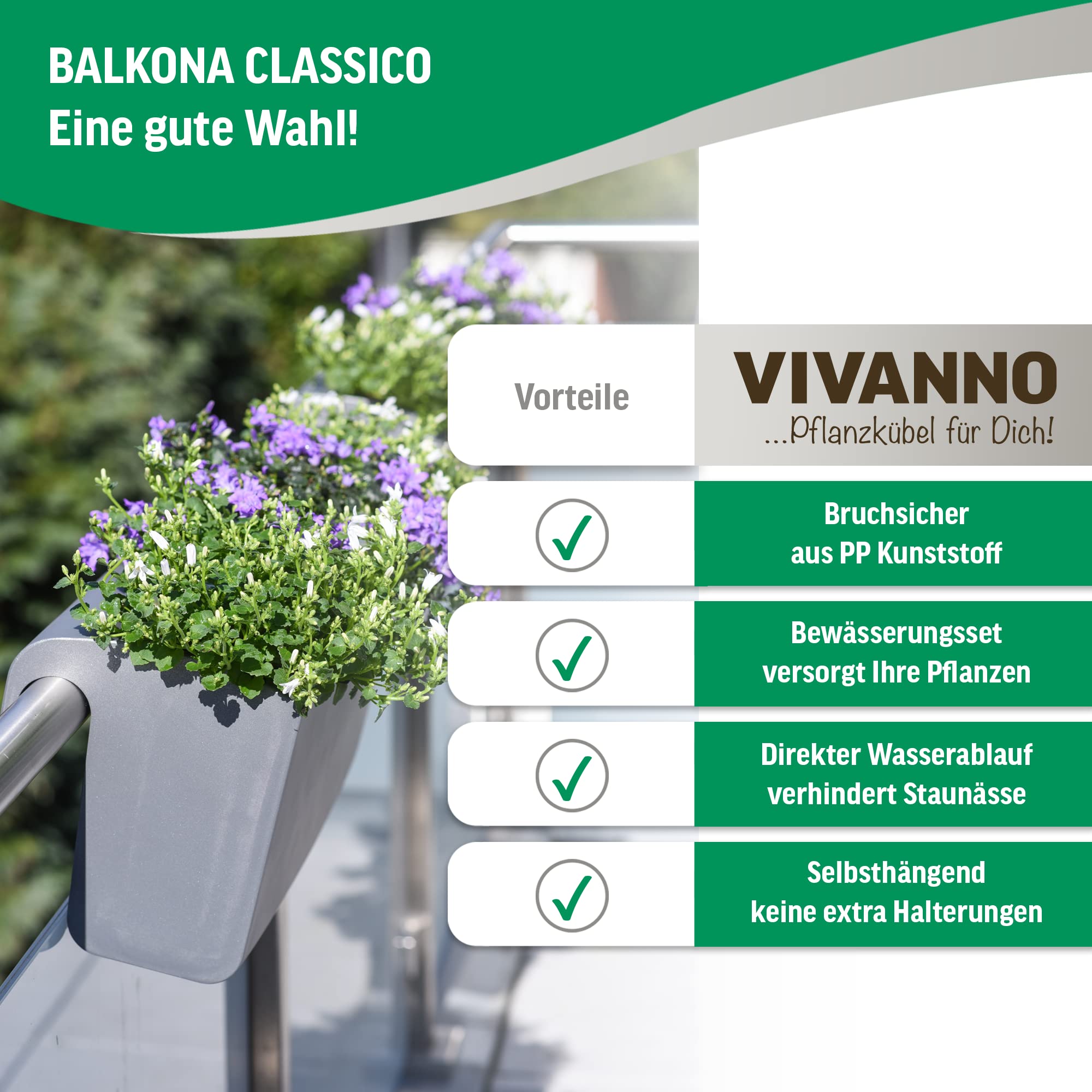 VIVANNO Balkonkasten 80 cm mit Halterung & Bewässerung BALKONA Classico | Pflanzkasten für Balkon-Geländer bis 50 mm Breite, frostsicherer Outdoor Blumenkasten aus Kunststoff mit Wasserspeicher