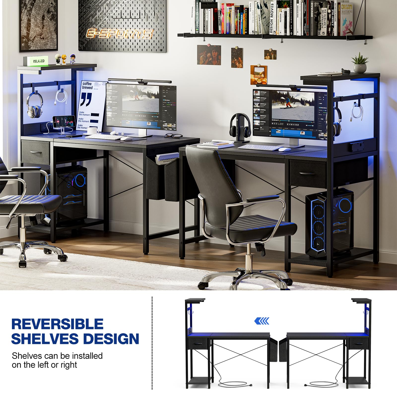 Grandder Gaming Tisch, 120x50 cm Gaming Schreibtisch mit Steckdose & LED-Beleuchtung, Computertisch mit reversiblen Regalen und Schublade, PC Tisch für Homeoffice mit Staufach, Carbonoptik Schwarz