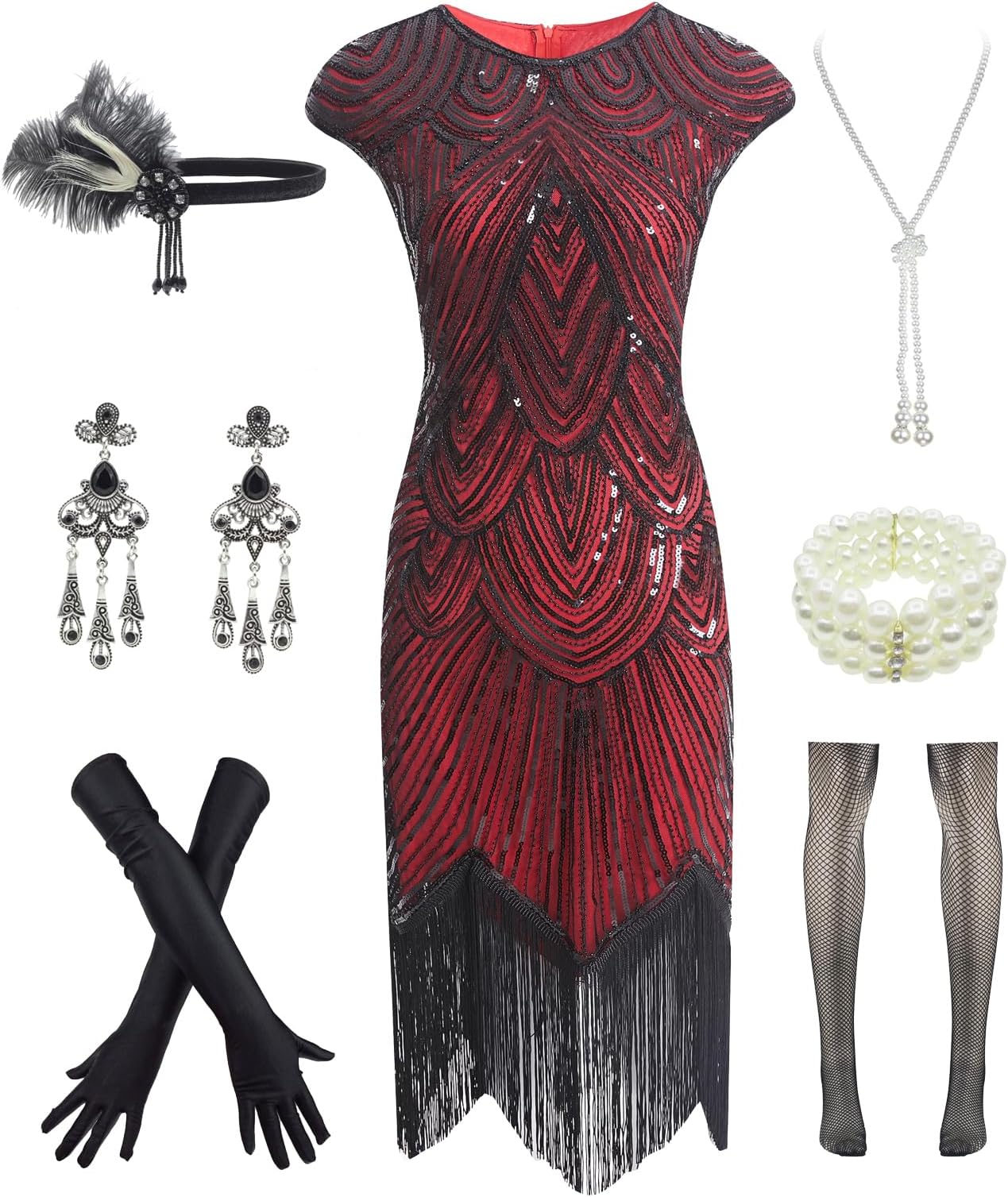 Womens Vintage Lace Fringed Gatsby 1920s Cocktail Dress with 20s Accessories Set