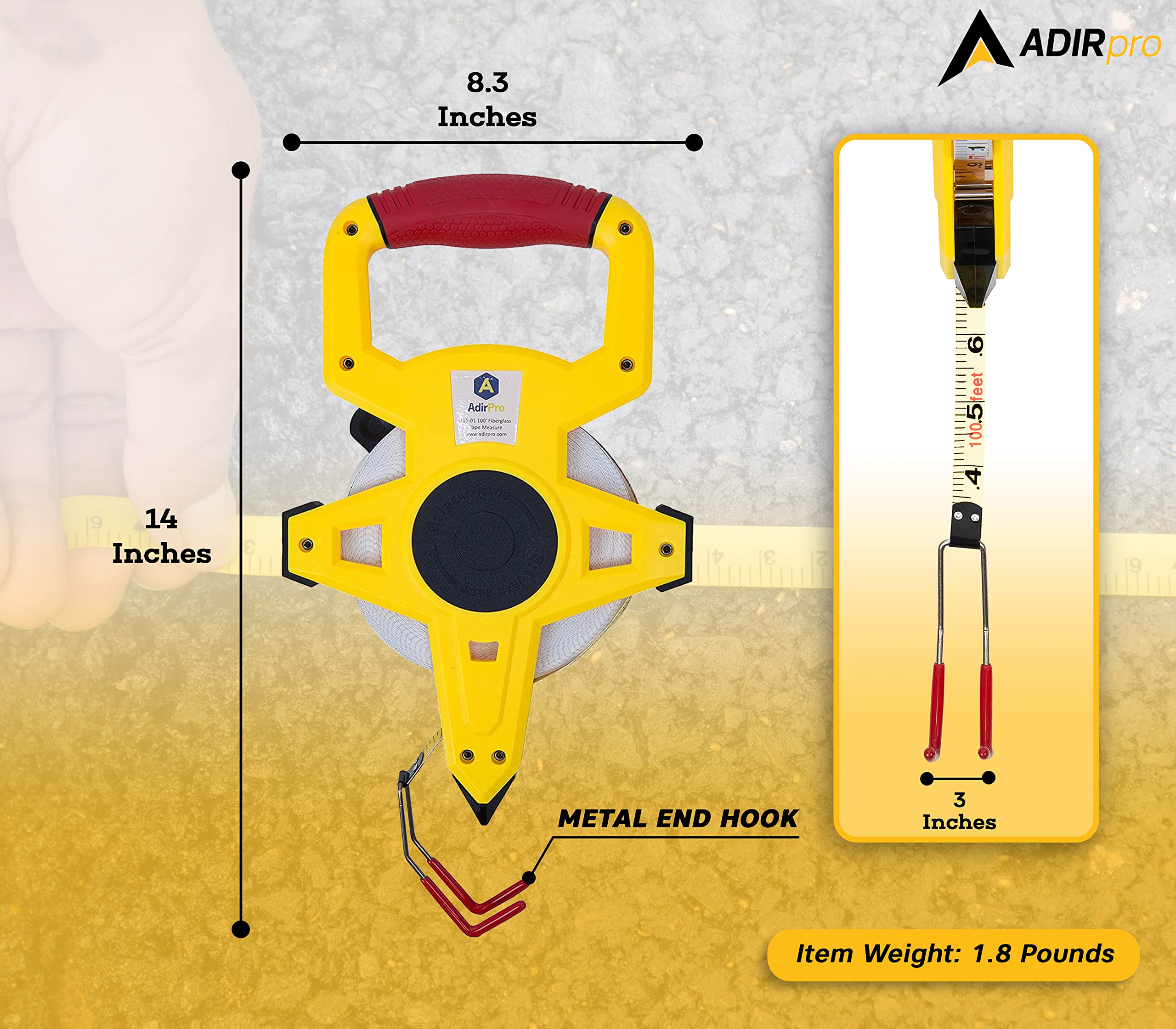 AdirPro Fiberglass 100' Appraiser’s Measuring Tape Tape Rule with Extra Large Metal End Hook for Precise Measurements Perfect for Appraisers Surveyors - Image 2