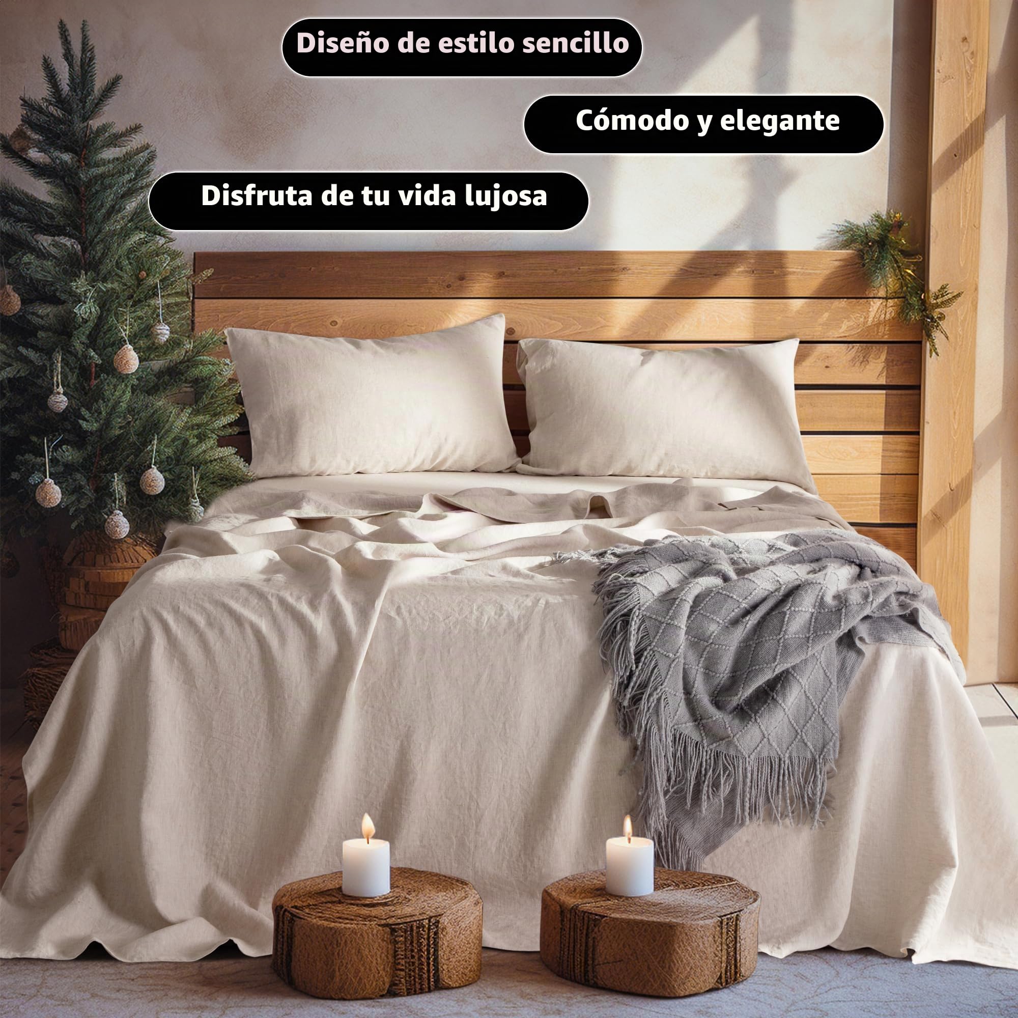 LBR02M - Juego de sábanas 100% de Lino, tamaño Queen, Juego de sábanas de 4 Piezas, Color Liso, Lino Natural, Ropa de Cama Suave y Transpirable, Bolsillo Profundo de 16 Pulgadas, para Todas Las