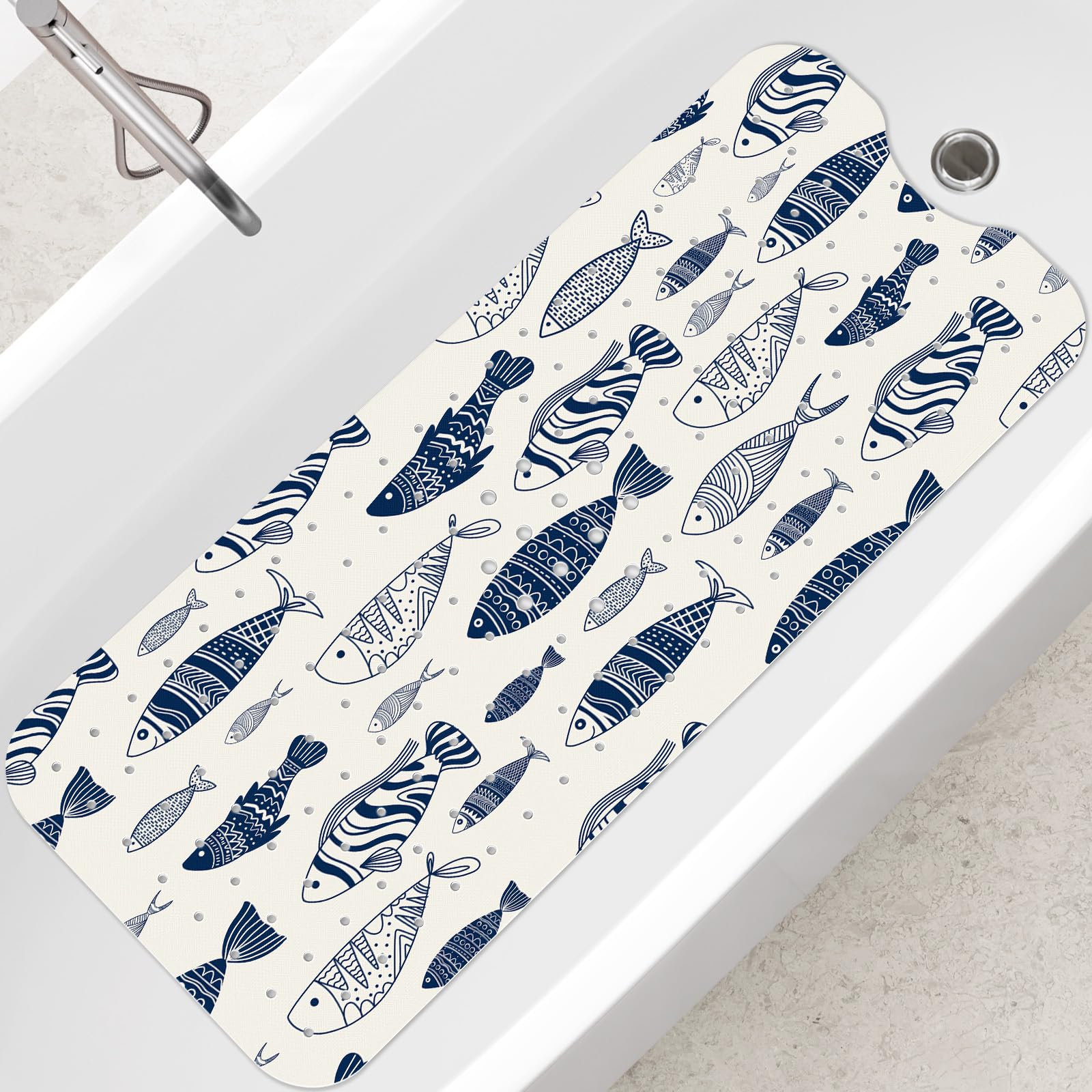 SHUCHING Tappetino Vasca Antiscivolo, Tappetino Doccia Antiscivolo Lungo 100x40cm, Tappeto Vasca da Bagno Antimuffa e Lavabile in Lavatrice, Pesce Oceanico