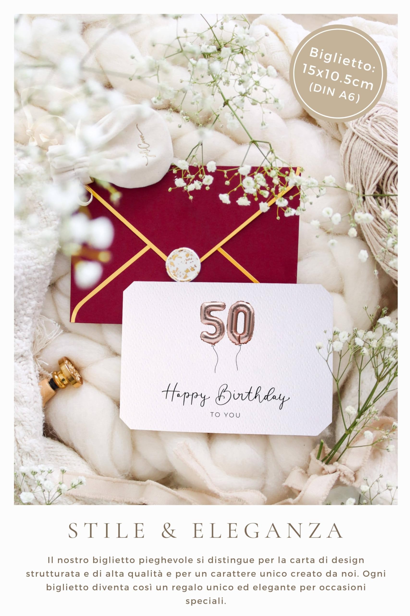 Biglietto Auguri 50 Anni - Con Busta E Sigillo Cera, Design Elegante In Oro Rosa - Foto 12