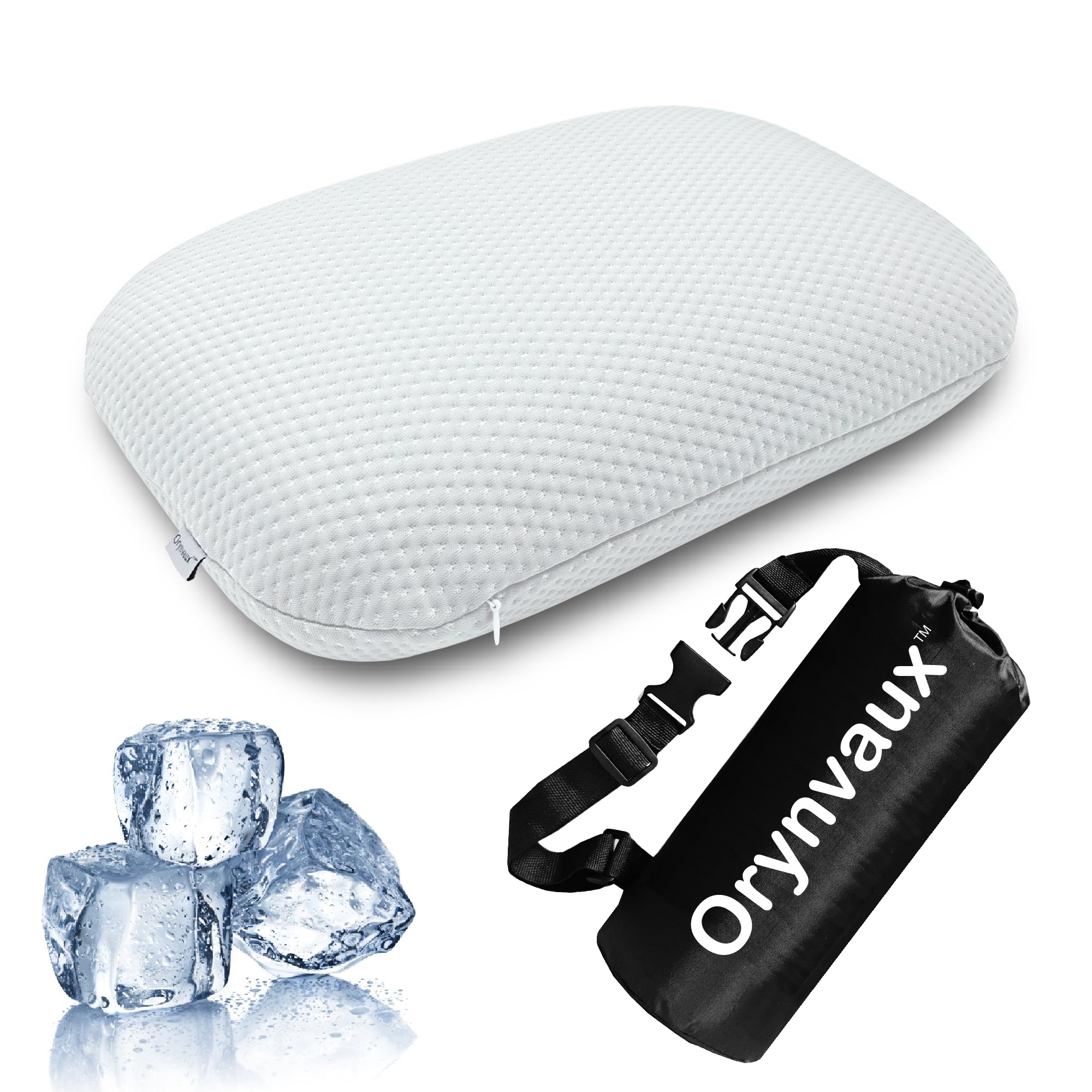 Orynvaux Cooling Camping Pillow, Memory Foam Travel Pillow with Adjustable Buckle Strap & Storage Bag, Compact Small Pillow for Airplane, Car Lumbar,