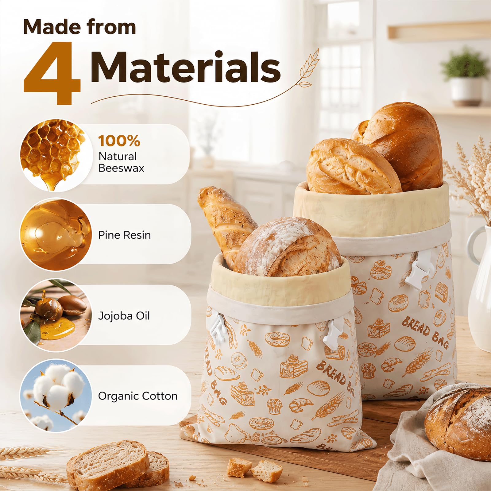 Confezione da 2 sacchetti riutilizzabili per pane di cera d'api, 44 cm x 33 sacchetti di cotone rivestiti in cera d'api naturale, per la conservazione di lievito e pane fatto in casa
