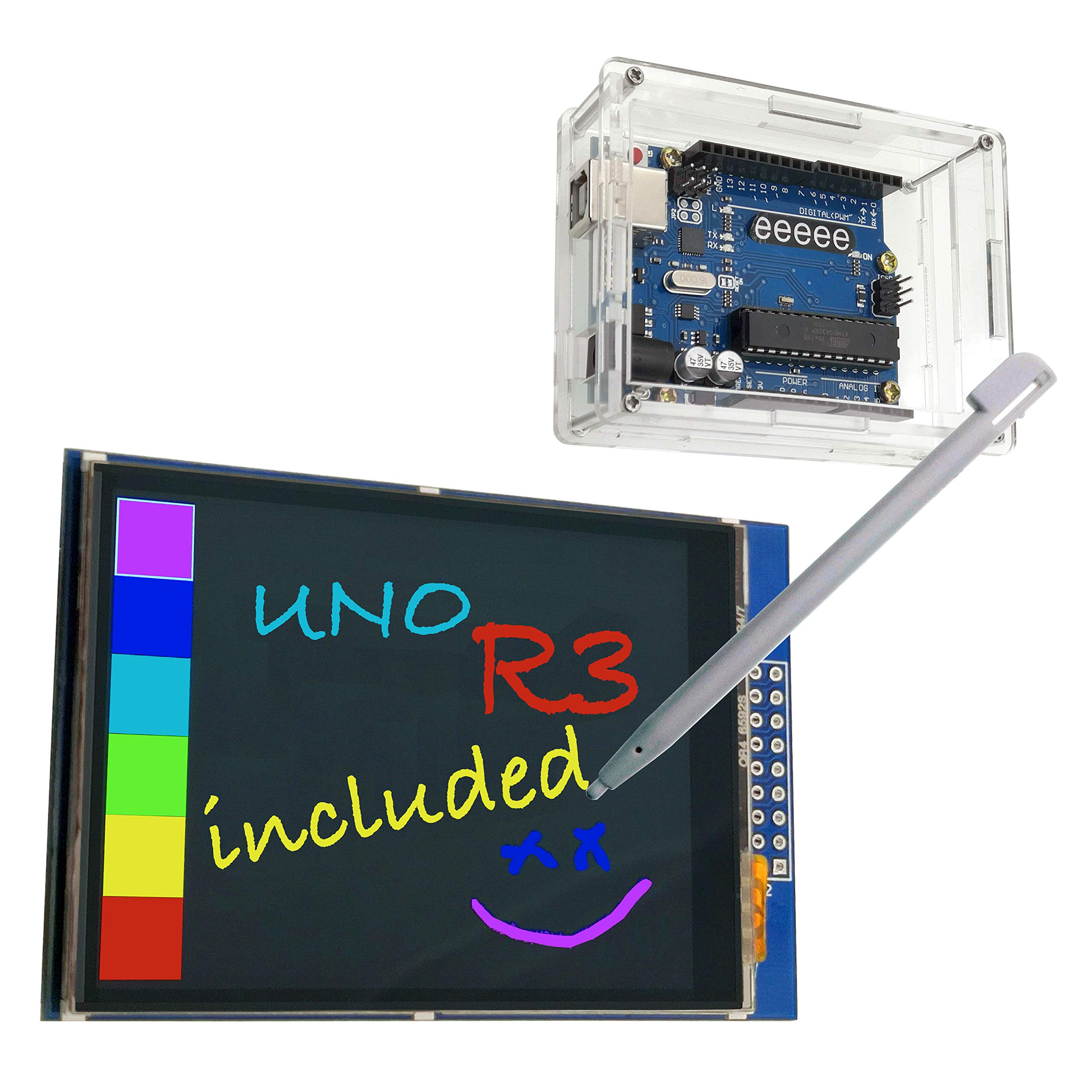 EEEEE 3 in 1, 2.8 inches Color LCD (Touch Screen) & UNO R3 ATMEGA328P Board & Acrylic Transparent case with Touch Pen, USB Cable, SD Card Socket, Compatible with Arduino