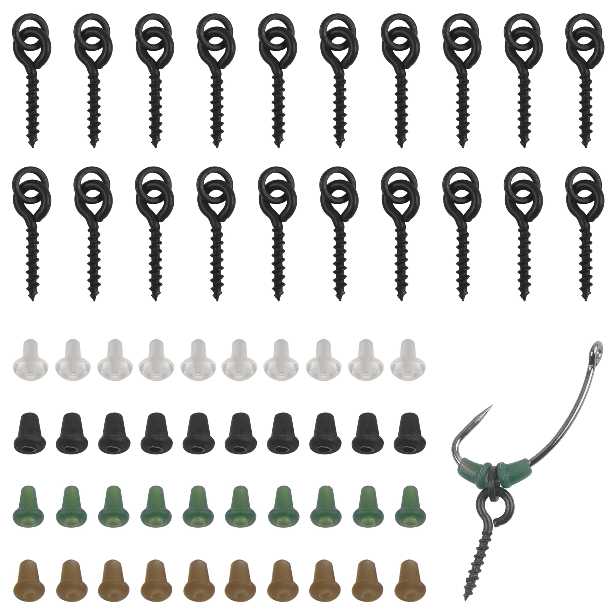 60Pcs Bait Screws Set 40Pcs Hook Stops Rubber Shank Beads and 20Pcs Fishing Bait Screws, Carp Boilie Bait Screw Rings Rubber Earring Stopper Fishing Accessories