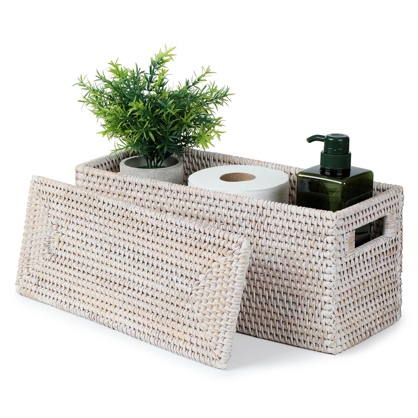 YANGQIHOME Toilet Paper Basket, Rattan Toilet Tank Basket for Bathroom, Wicker Baskets with Lid for Storage, Whitewash