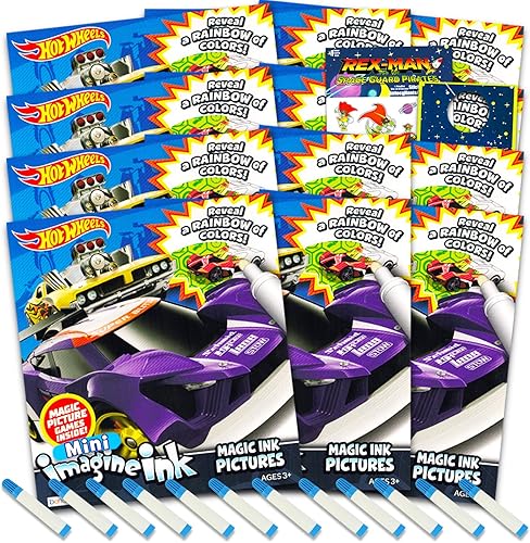 Hot Wheels Imagine Ink - Juego de libros para colorear para niños, paquete de 12 libros para colorear de autos de carreras con calcomanías Rex-Man y