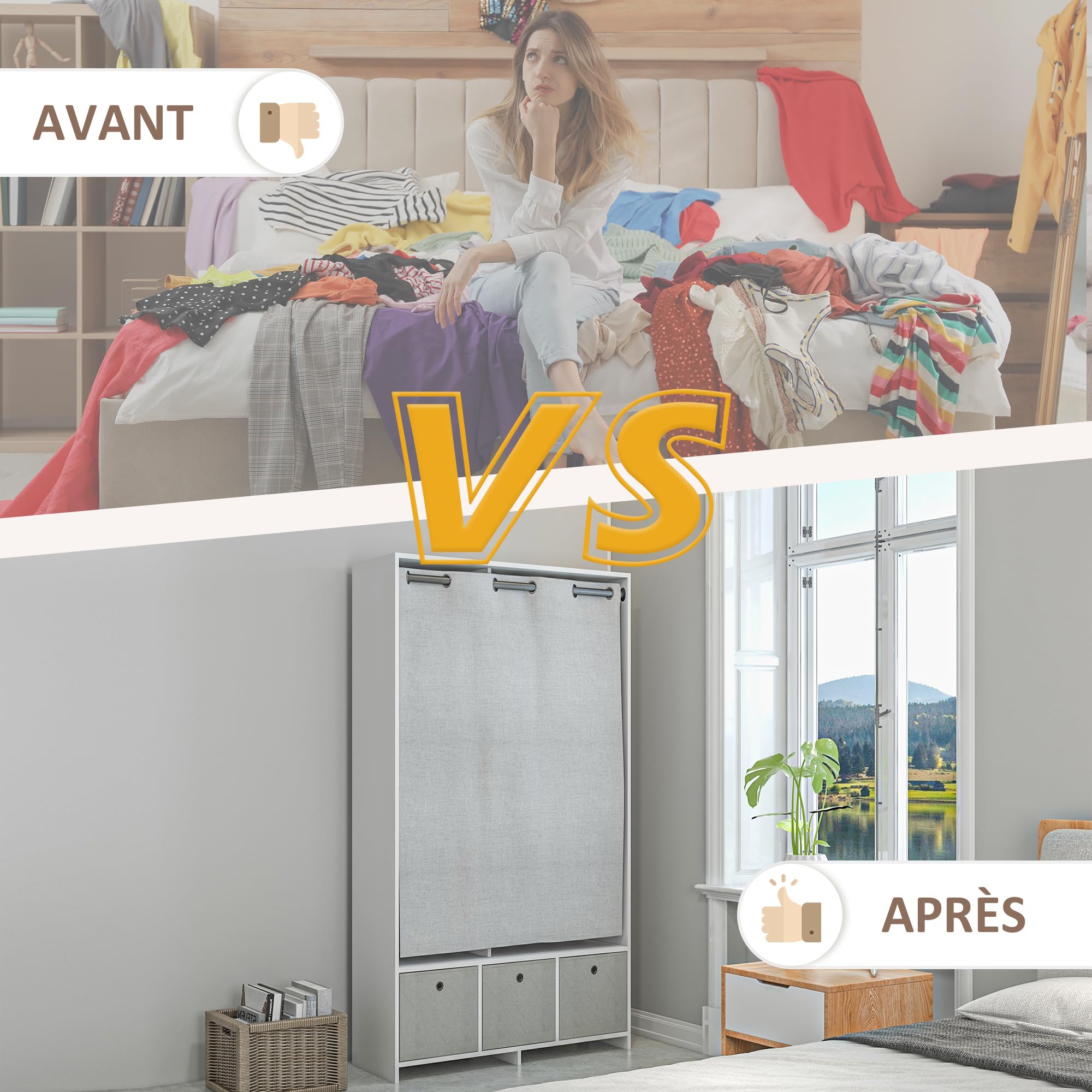 HOMCOM Armoire penderie, Dressing avec Rideau, Armoire Chambre vêtement, Garde-Robe avec Tringle, 3 Compartiments et 3 tiroirs en Tissu Amovibles - 105 x 48 x 160 cm, Blanc