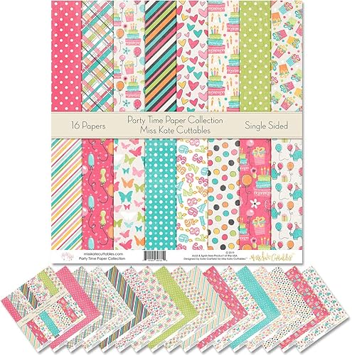Paquete de papel de patrón  Party Time  Scrapbook Premium Specialty Paper de una cara de 12 x 12 pulgadas, colección incluye 16 hojas  por Miss Kate