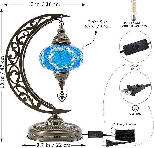 Miniatura 3 de mozaist Lámpara turca, lámpara de mesa de mosaico en forma de luna, lámpara de mesa de escritorio Tiffany con enchufe estadounidense y enchufe E12