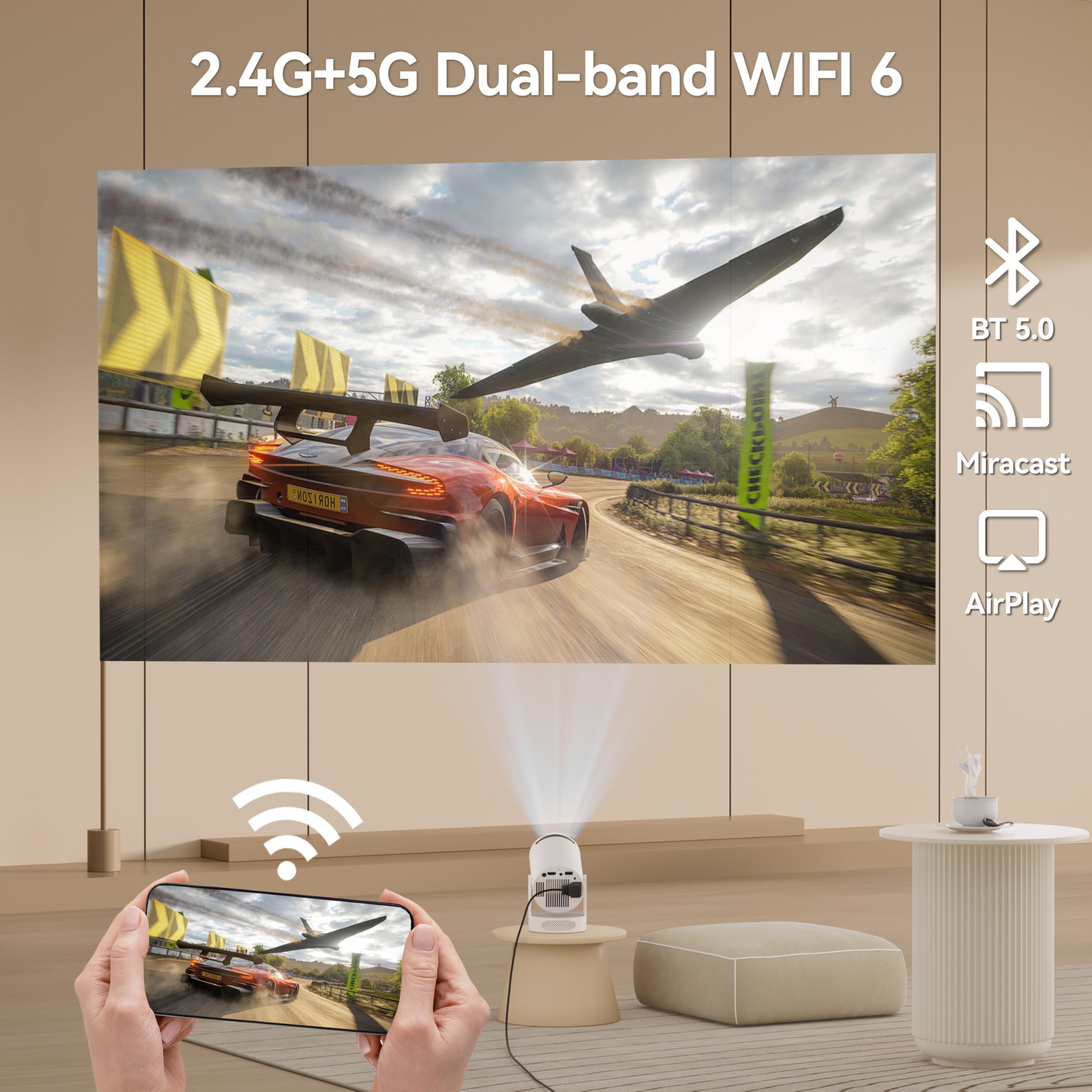 Mini proiettore portatile con supporto 1080P 4K, 20000 lumen, Wi-Fi 6 e Bluetooth 5.0, proiettore Home Cinema girevole a 180° con Keystone verticale automatico e altoparlanti HiFi
