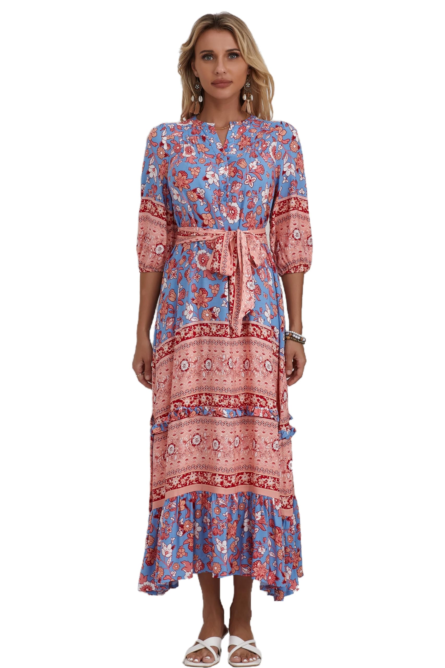 Women Boho High-Waist Floral Print Maxi Dress 3/4 Sleeve Casual | Soft Rayon, Breathable, Quick-Dry. High-Waist with Adjustable Belt, Flattering Hem. Ideal for Beach, Work &amp; Dating.
