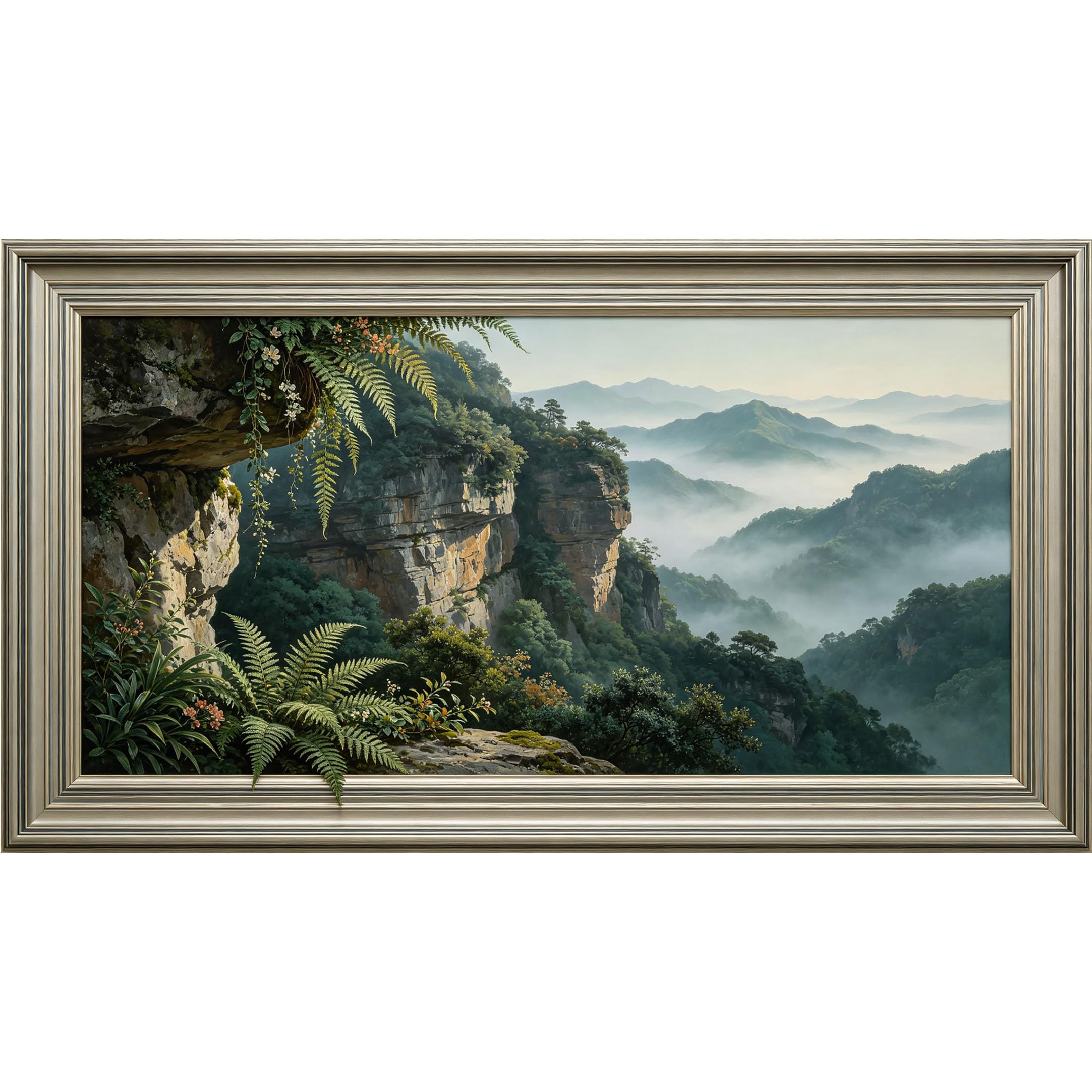 QZLITHOTIC 50x90cm3D Framed Wall Art， Misty Mountain Landscape Botanical Cliff Fern Self‑Adhesive Mural， Water‑Activated Peel & Stick Fabric Decor Wall Decal for Bedroom Living Room