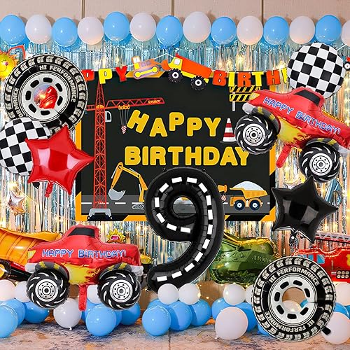 Miniatura 6 de Decoraciones de fiesta de camión monstruo, 9 globos de aluminio de cumpleaños de Monster Truck para camión monstruo de 9 cumpleaños, suministros de